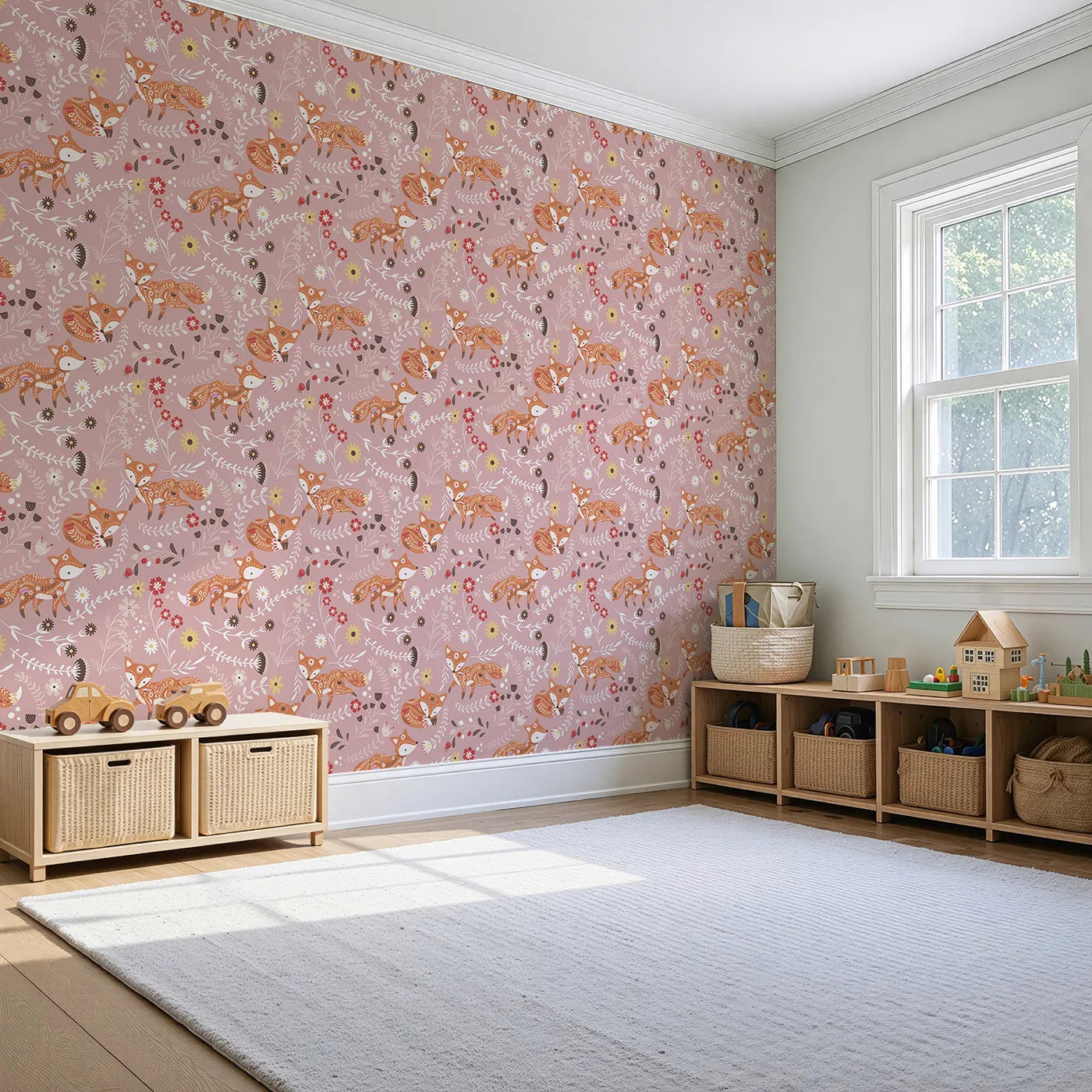 Angled view of Whimsy Tots' Folk Bloom Foxes Wallpaper in Rosewood Pink (W3096A).Dancing foxes and blooming vines twirl across a rosy pink forest.