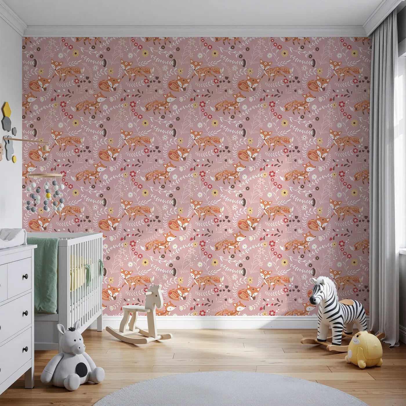 Front view of Whimsy Tots' Folk Bloom Foxes Wallpaper in Rosewood Pink