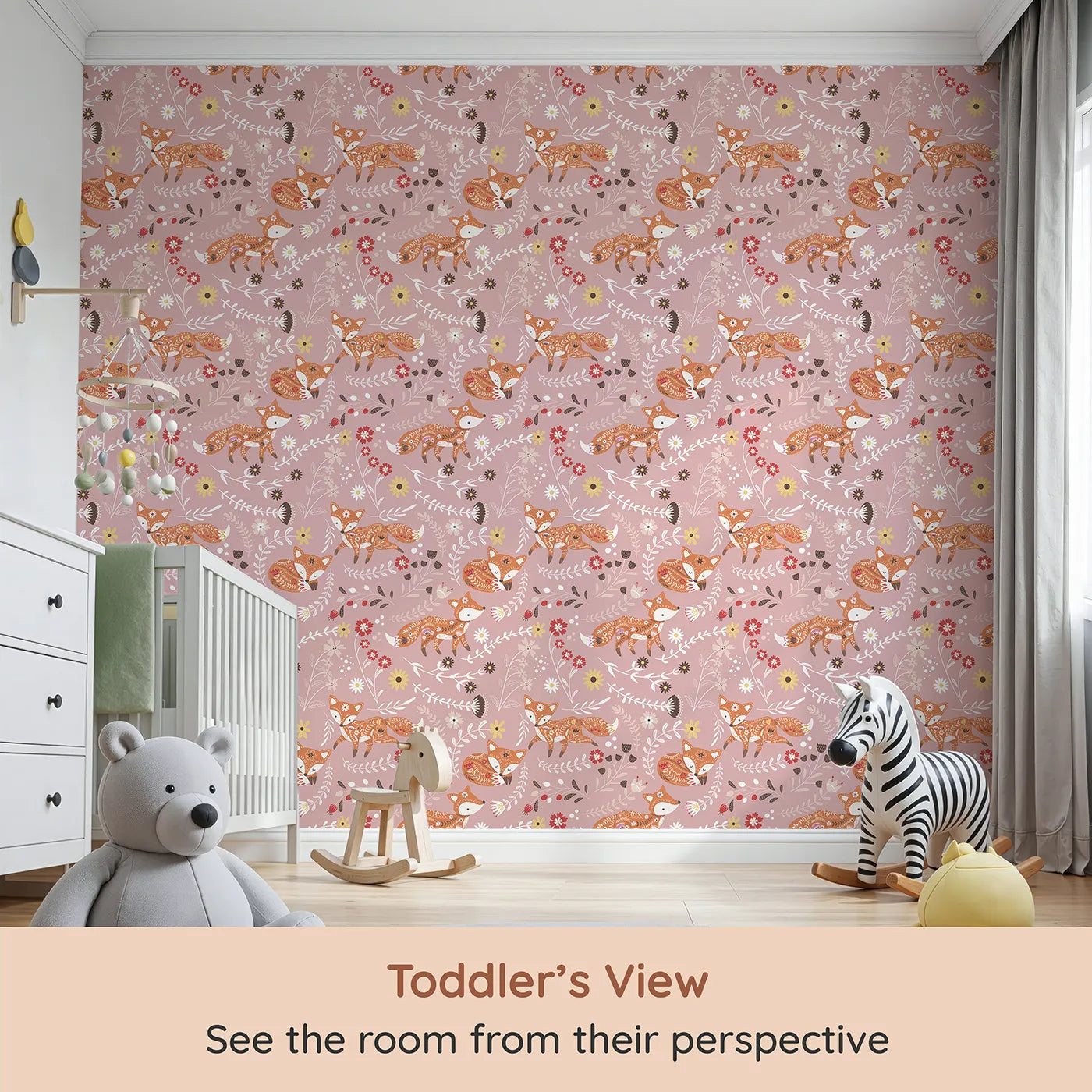 Whimsy Tots Folk Bloom Foxes Wallpaper in Rosewood Pink (W3096A) from your child's view.Dancing foxes and blooming vines twirl across a rosy pink forest.