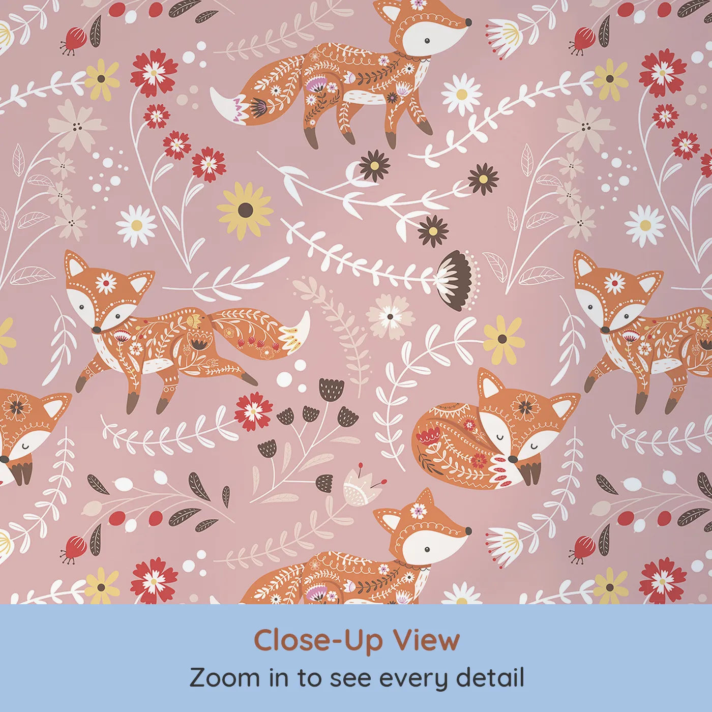 Close-up view of Whimsy Tots' Folk Bloom Foxes Wallpaper in Rosewood Pink (W3096A).Dancing foxes and blooming vines twirl across a rosy pink forest.