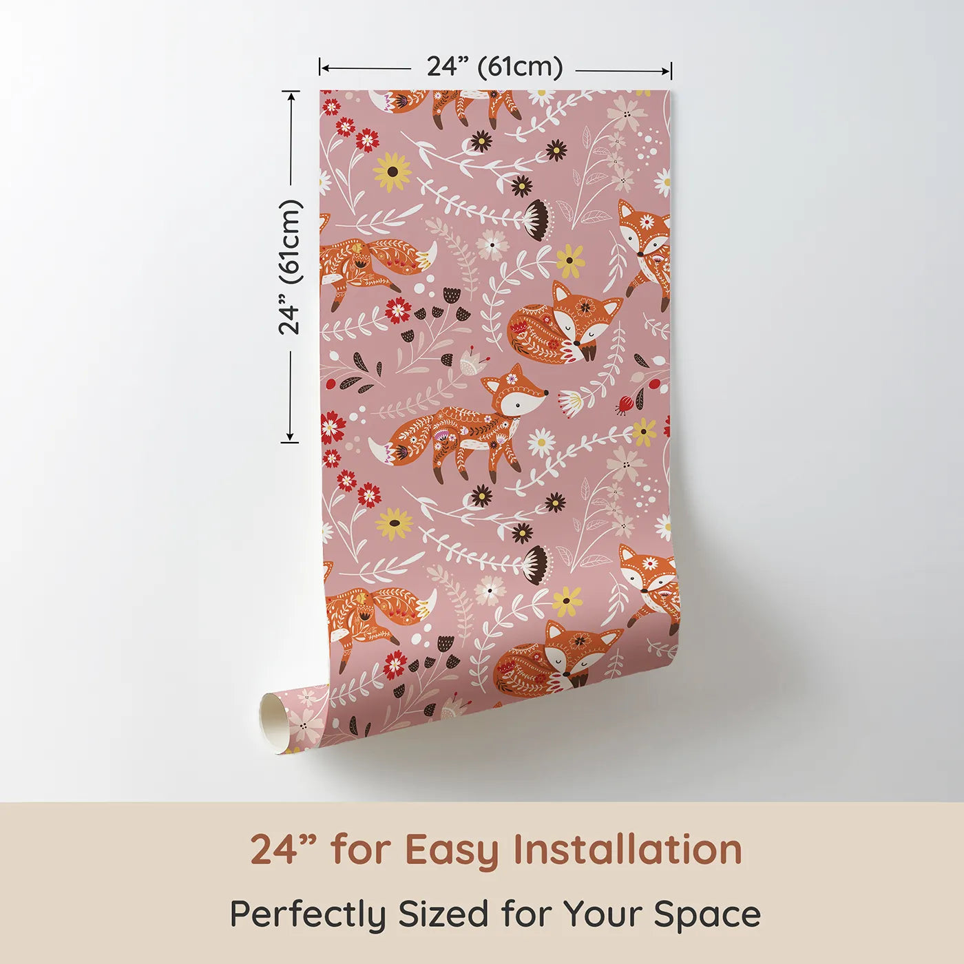 Dimension view of Whimsy Tots Folk Bloom Foxes Wallpaper in Rosewood Pink (W3096A). Printed in 24-inch-wide panel for easy installation. Dancing foxes and blooming vines twirl across a rosy pink forest.