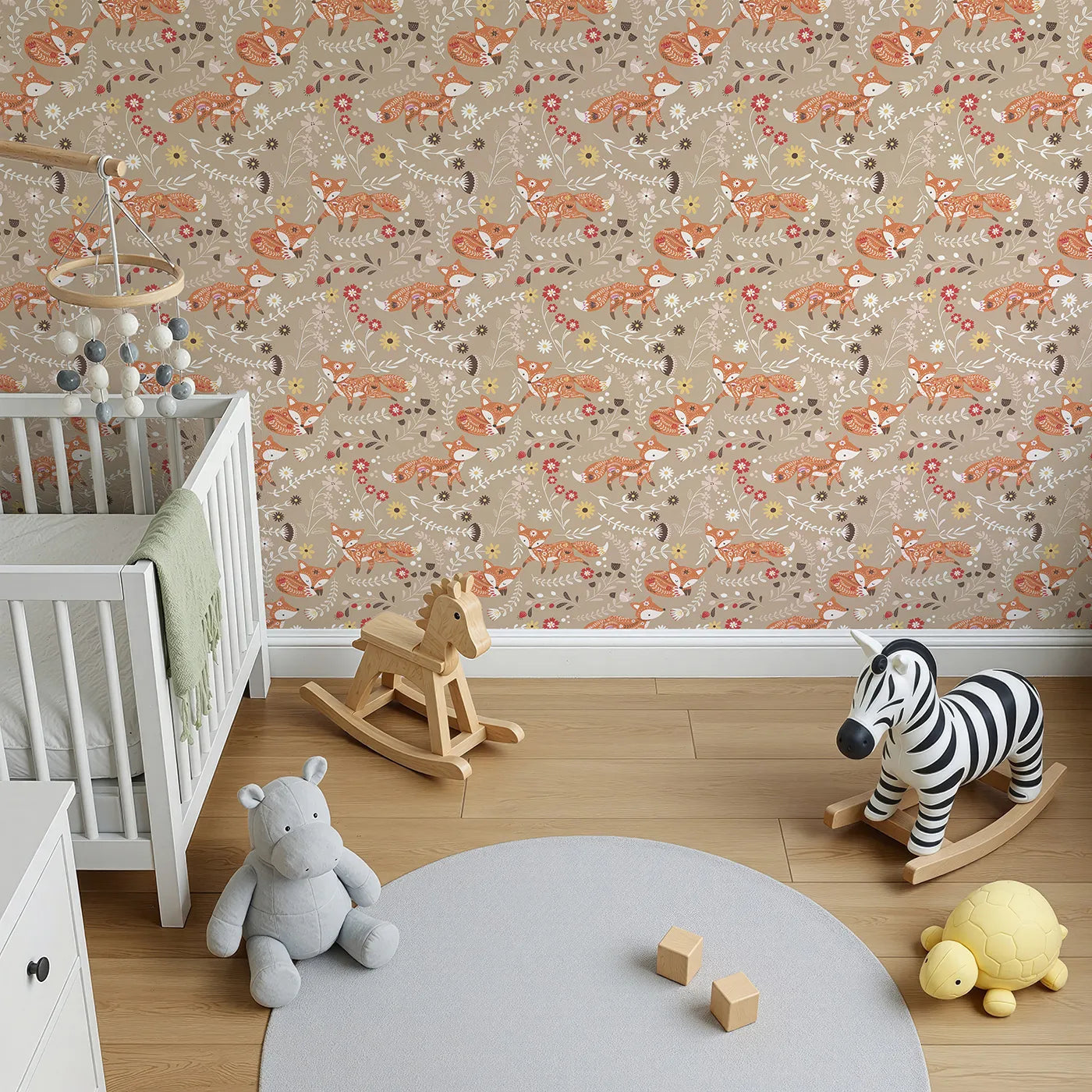 Top-Down view of Whimsy Tots' Folk Bloom Foxes Wallpaper in Sandstone Beige (W3096B).Folky foxes leap through floral vines on a soft beige field.