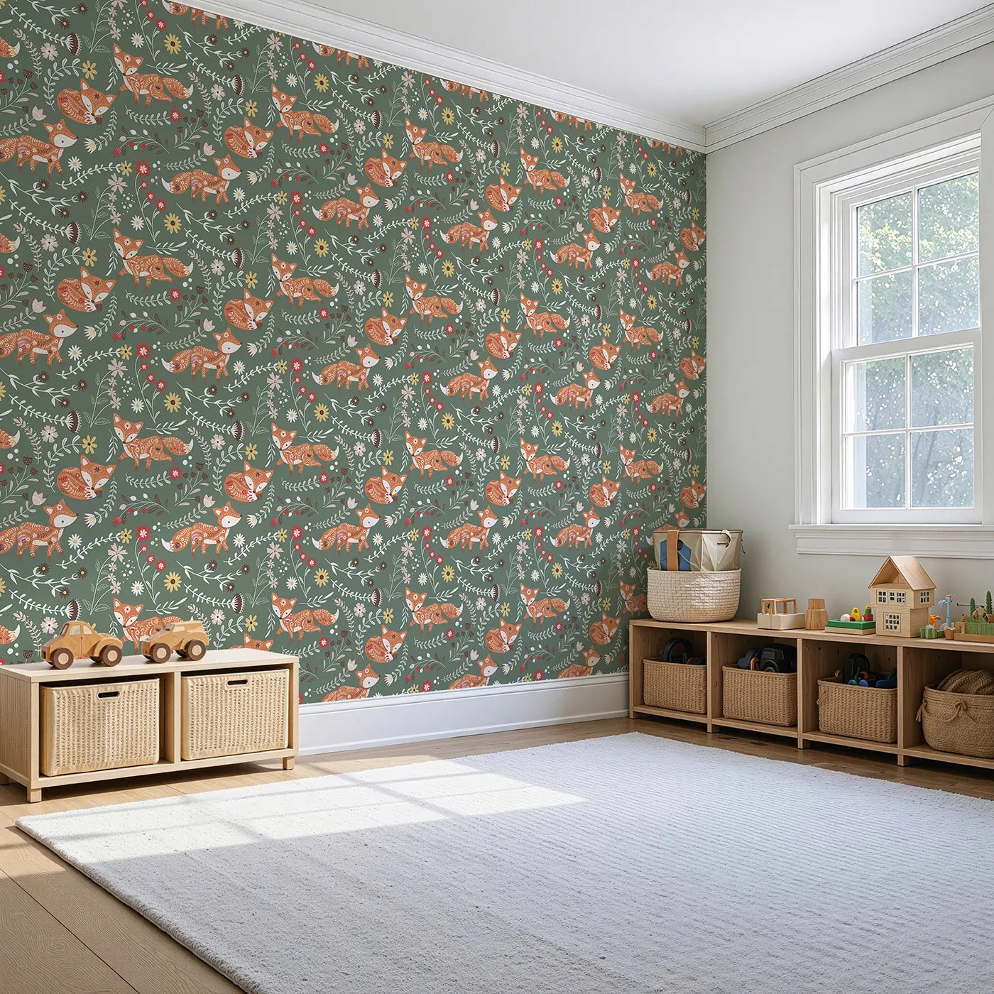 Angled view of Whimsy Tots' Folk Bloom Foxes Wallpaper in Forest Green (W3096C).Rust-orange foxes play and rest among leaves and blooms on a forest green field.