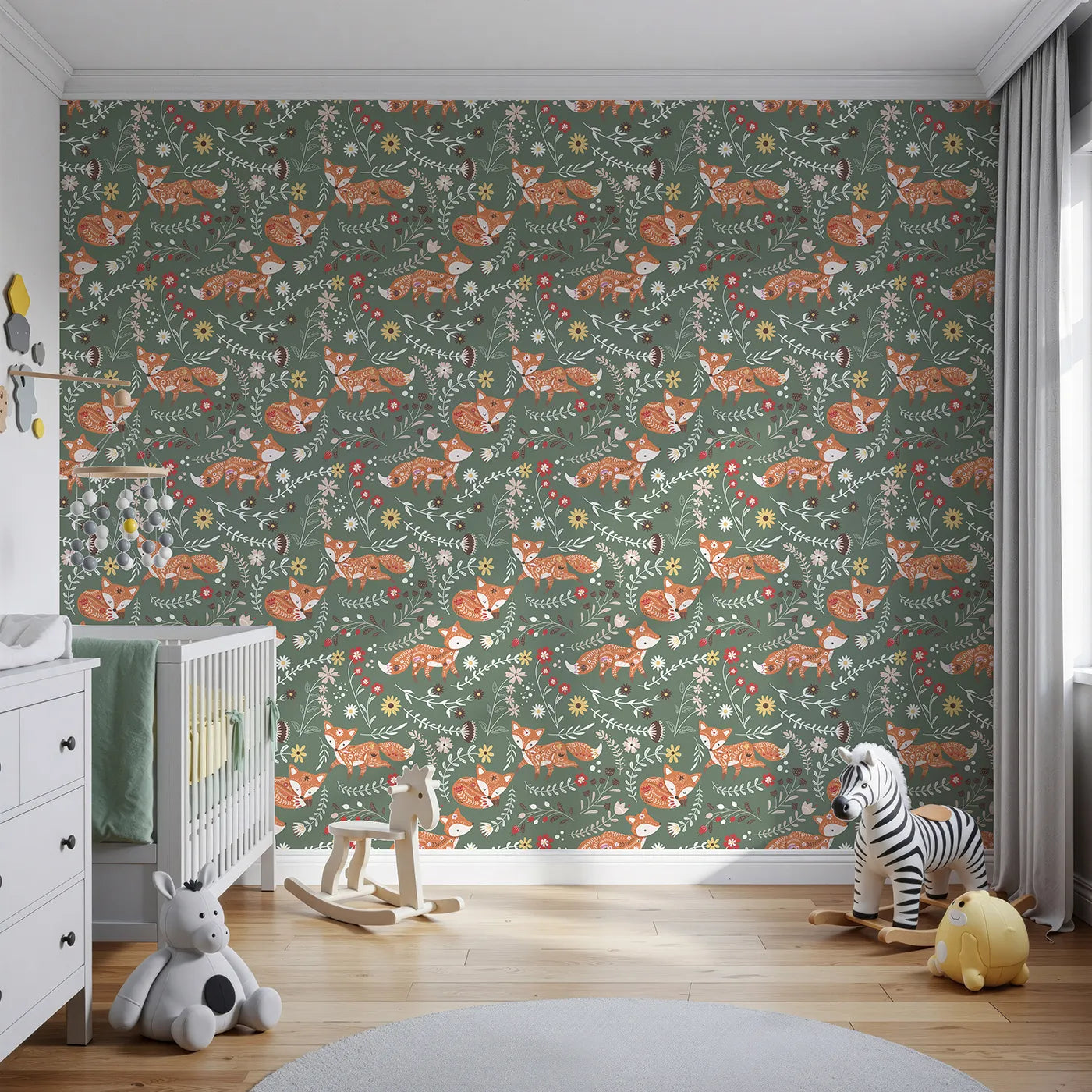Front view of Whimsy Tots' Folk Bloom Foxes Wallpaper in Forest Green