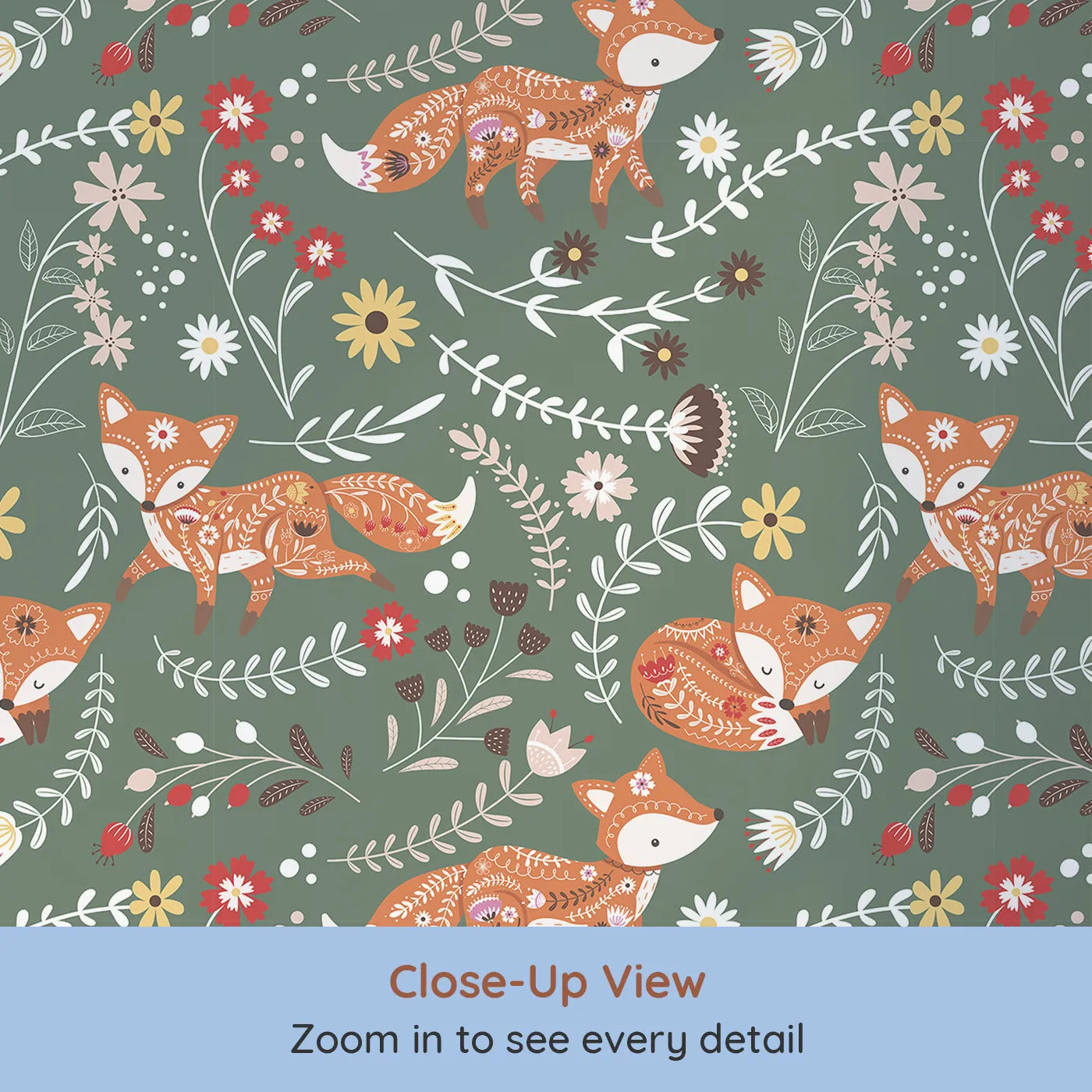 Close-up view of Whimsy Tots' Folk Bloom Foxes Wallpaper in Forest Green (W3096C).Rust-orange foxes play and rest among leaves and blooms on a forest green field.