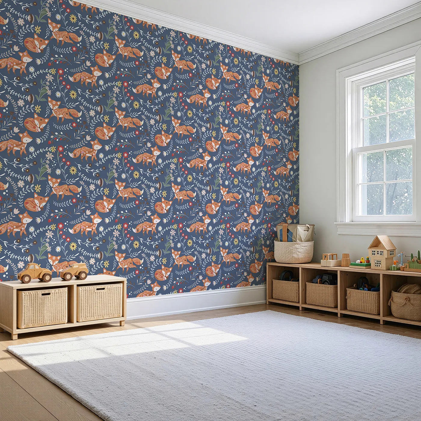 Angled view of Whimsy Tots' Folk Bloom Foxes Wallpaper in Twilight Blue (W3096D).Playful foxes and twirling florals glow on a twilight blue field.