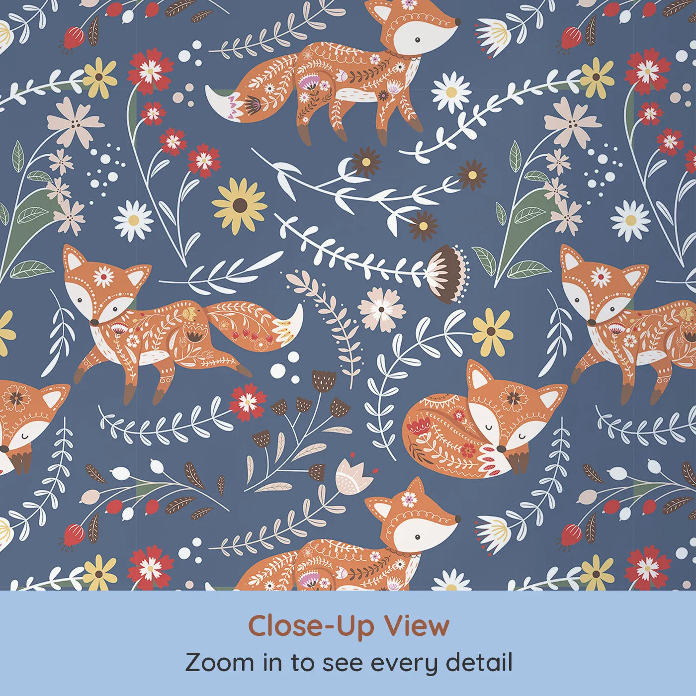 Close-up view of Whimsy Tots' Folk Bloom Foxes Wallpaper in Twilight Blue (W3096D).Playful foxes and twirling florals glow on a twilight blue field.
