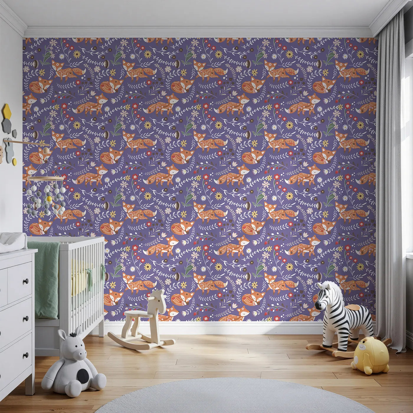 Front view of Whimsy Tots' Folk Bloom Foxes Wallpaper in Wild Violet