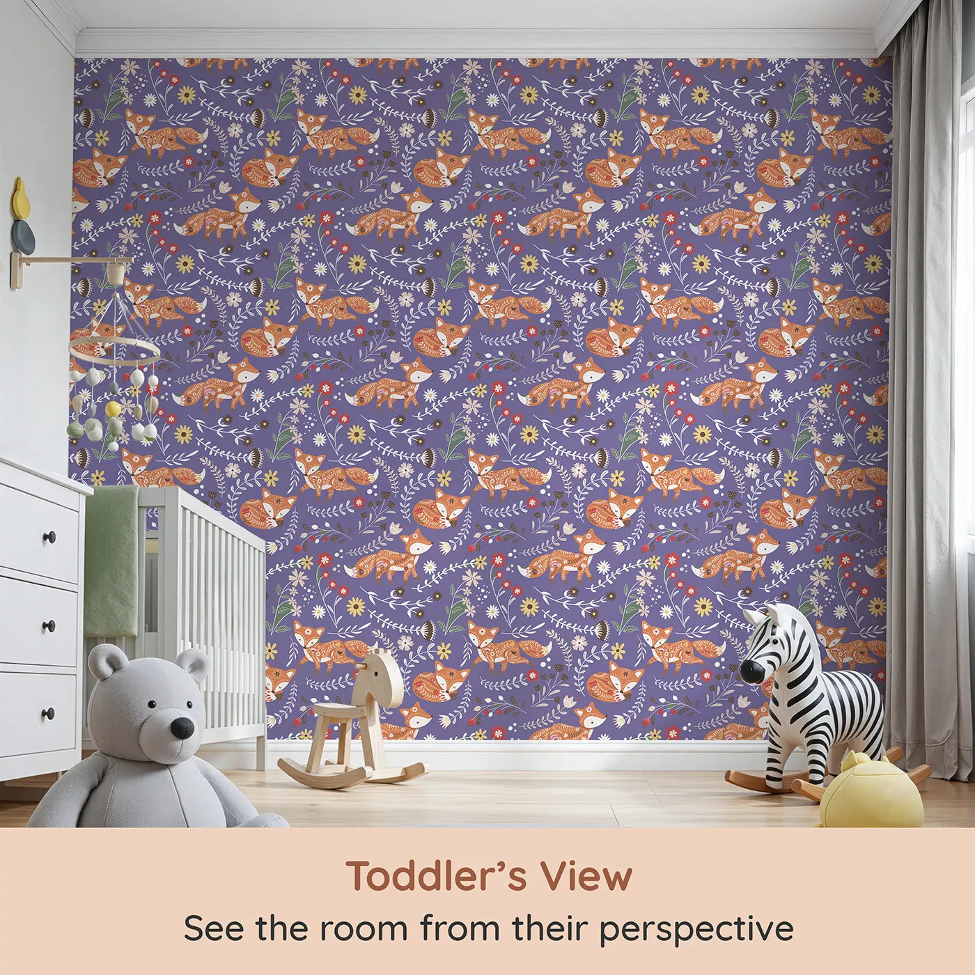Whimsy Tots Folk Bloom Foxes Wallpaper in Wild Violet (W3096E) from your child's view.Embroidered foxes and blooming stems dance on a rich violet backdrop.