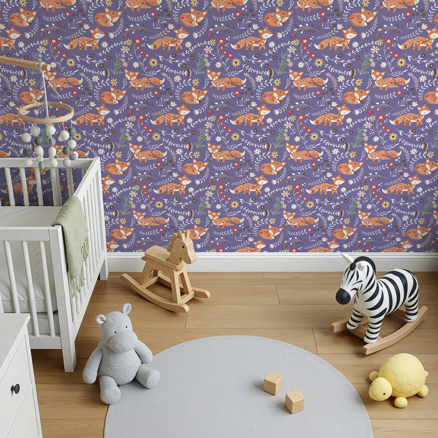 Top-Down view of Whimsy Tots' Folk Bloom Foxes Wallpaper in Wild Violet (W3096E).Embroidered foxes and blooming stems dance on a rich violet backdrop.