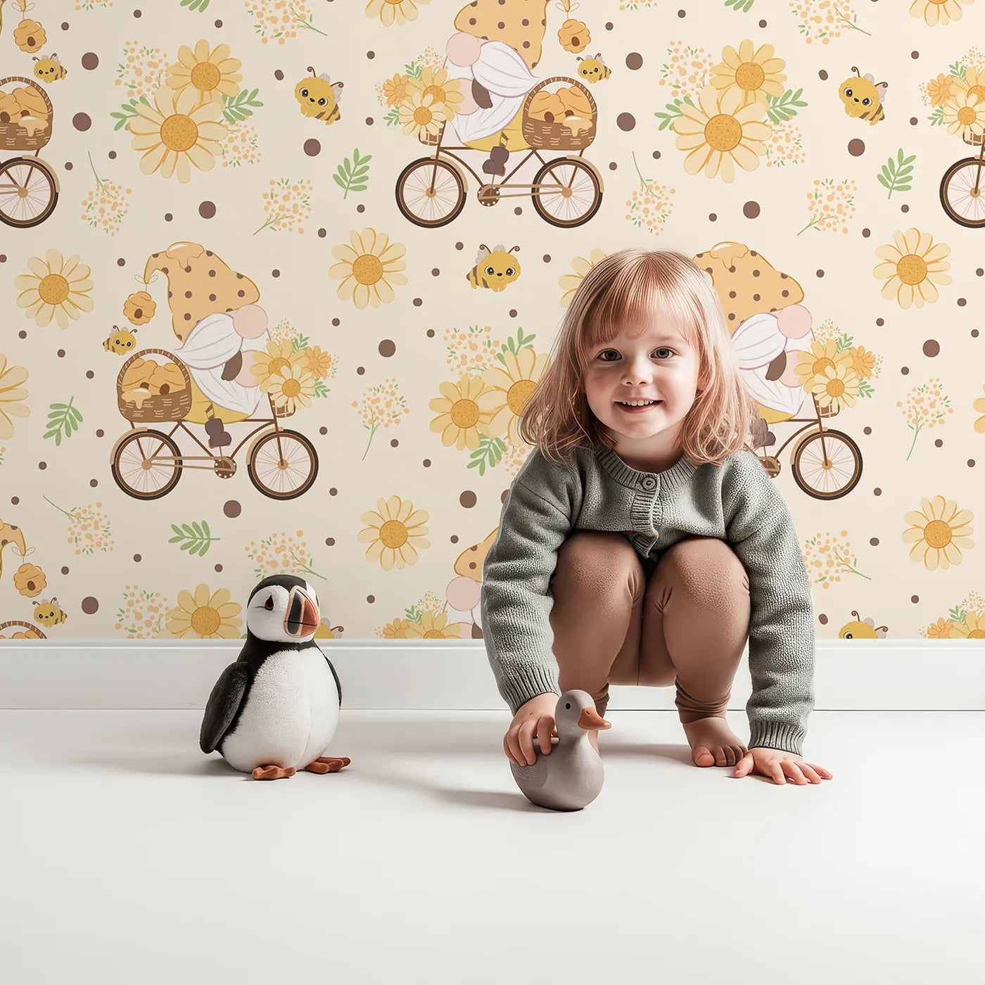 Lovely child standing in front of Whimsy Tots Honeybee Gnome Parade Wallpaper in Vanilla Cream with gnome, bee, flower, bicycle in design.