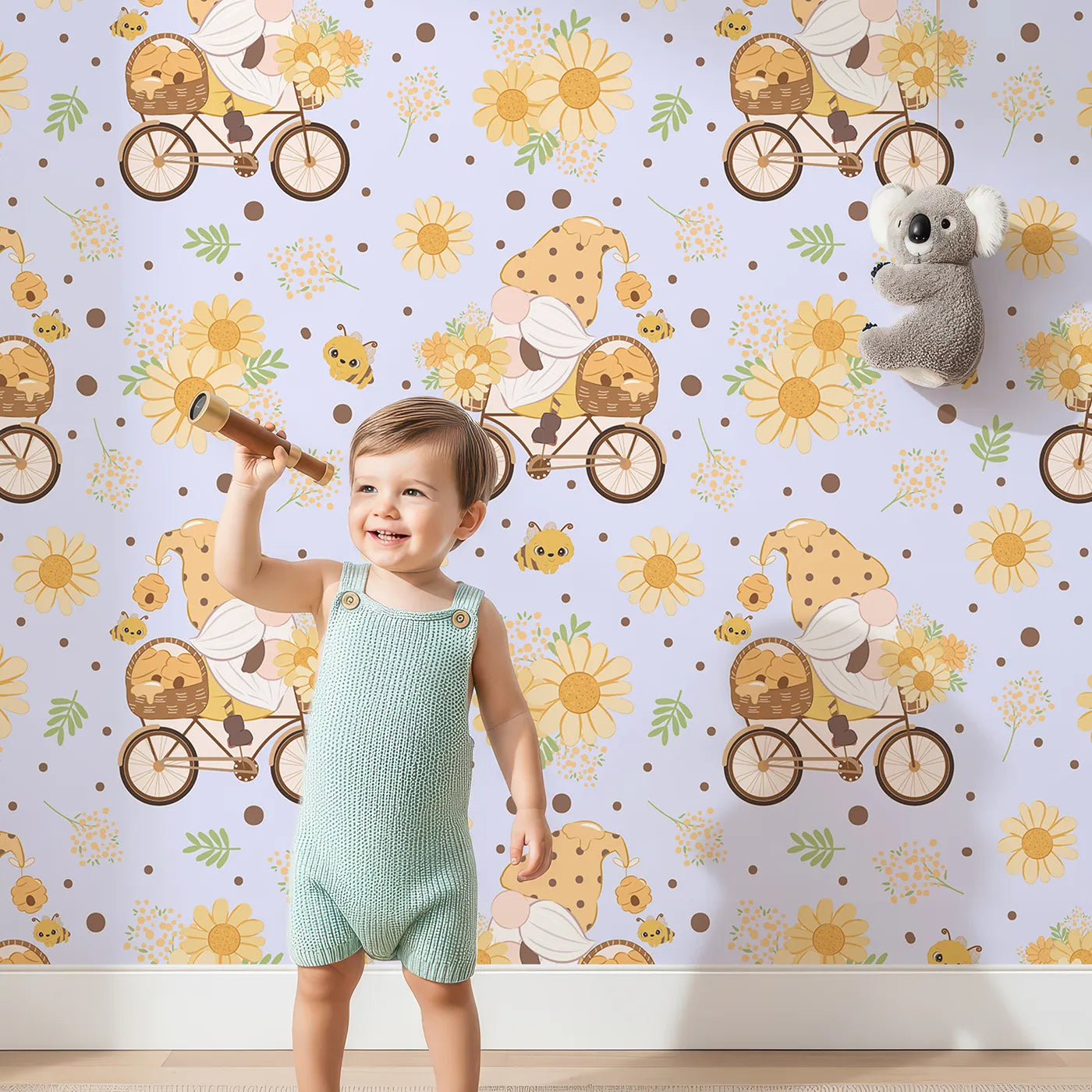 Lovely child standing in front of Whimsy Tots Honeybee Gnome Parade Wallpaper in Lavender Breeze with gnome, bee, flower, bicycle in design.