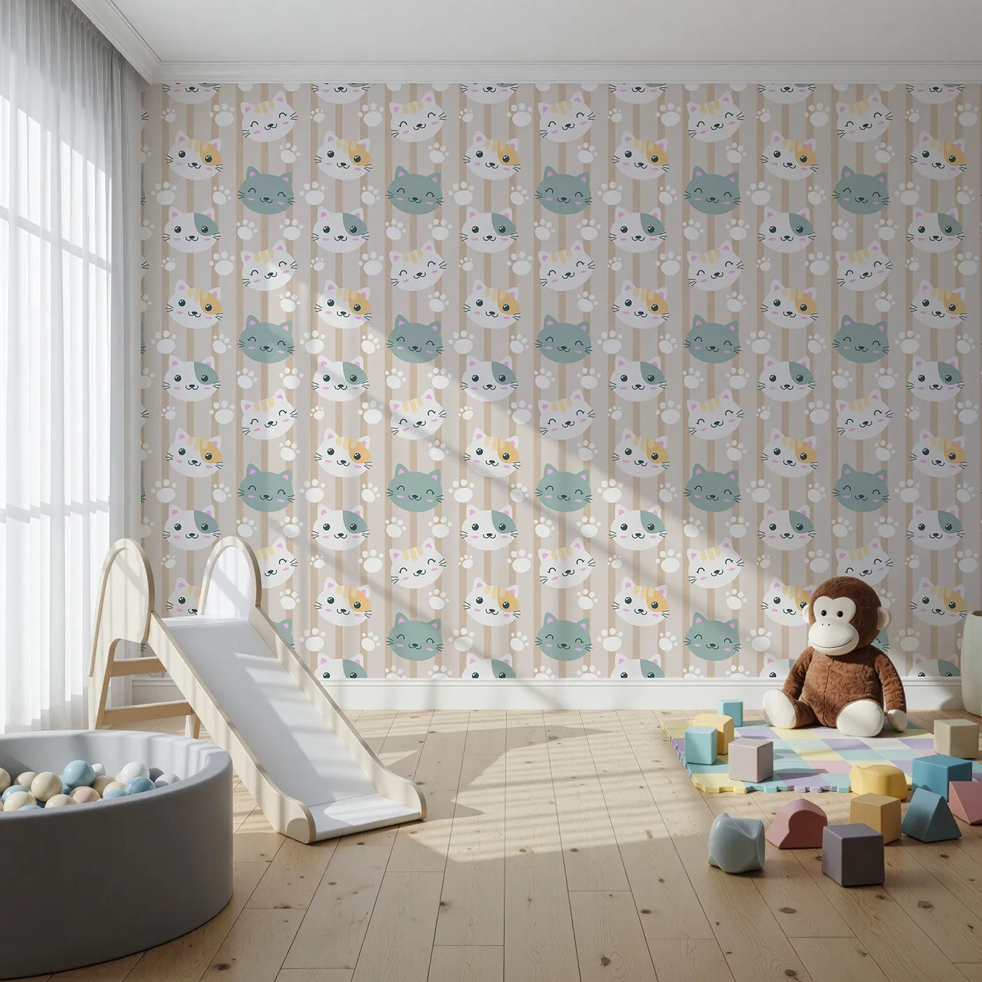 Front view of Whimsy Tots' Pawprint Kitty Parade Wallpaper in Oatmilk Beige