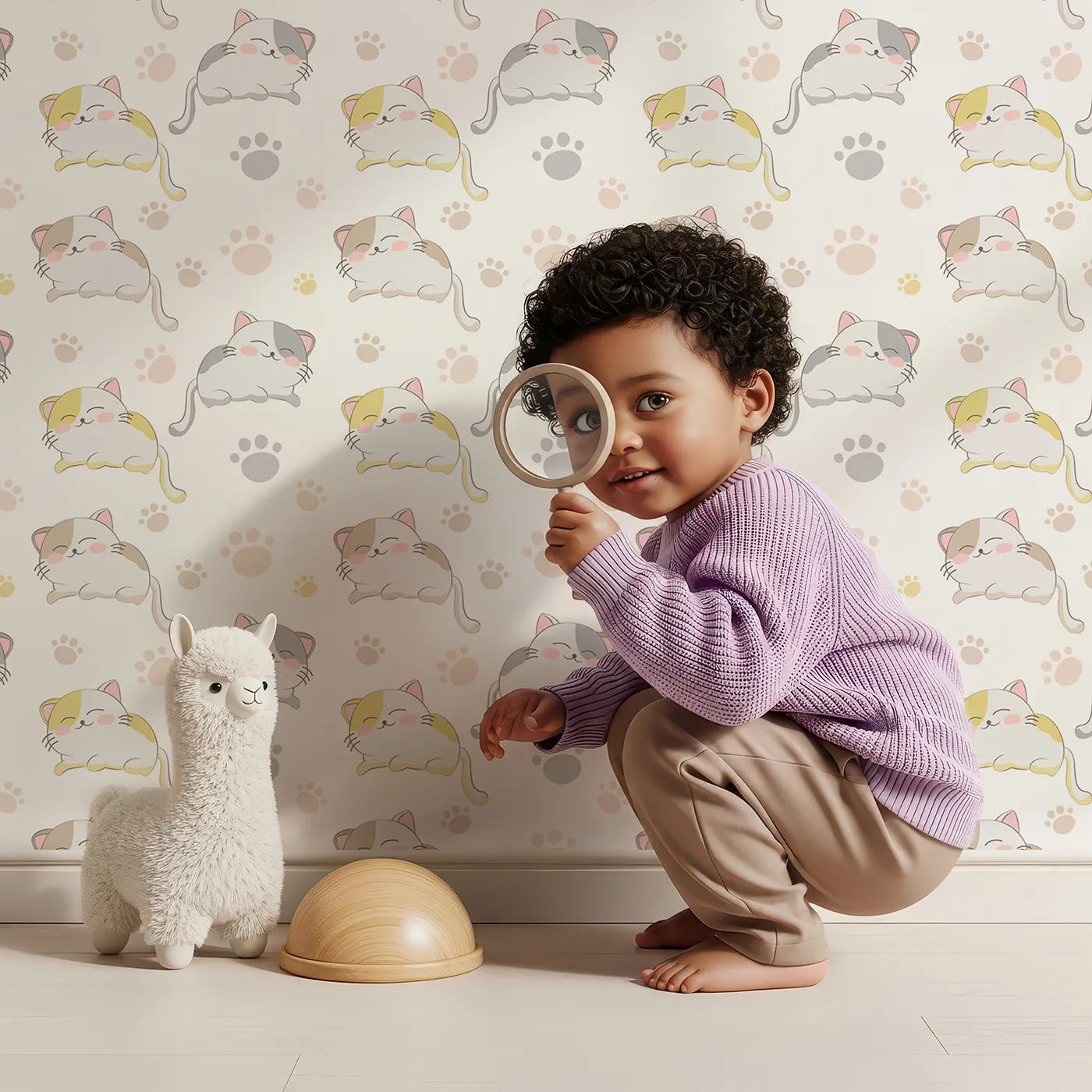 Lovely child standing in front of Whimsy Tots Cozy Pawstep Kittens Wallpaper in White with cat, kitten, pawprint, spot in design.
