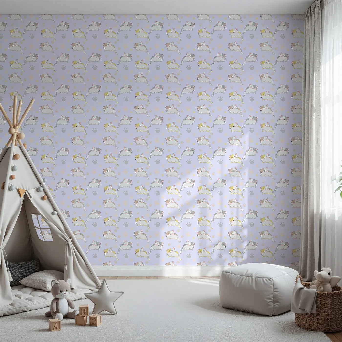 Front view of Whimsy Tots' Cozy Pawstep Kittens Wallpaper in Lavender Purple
