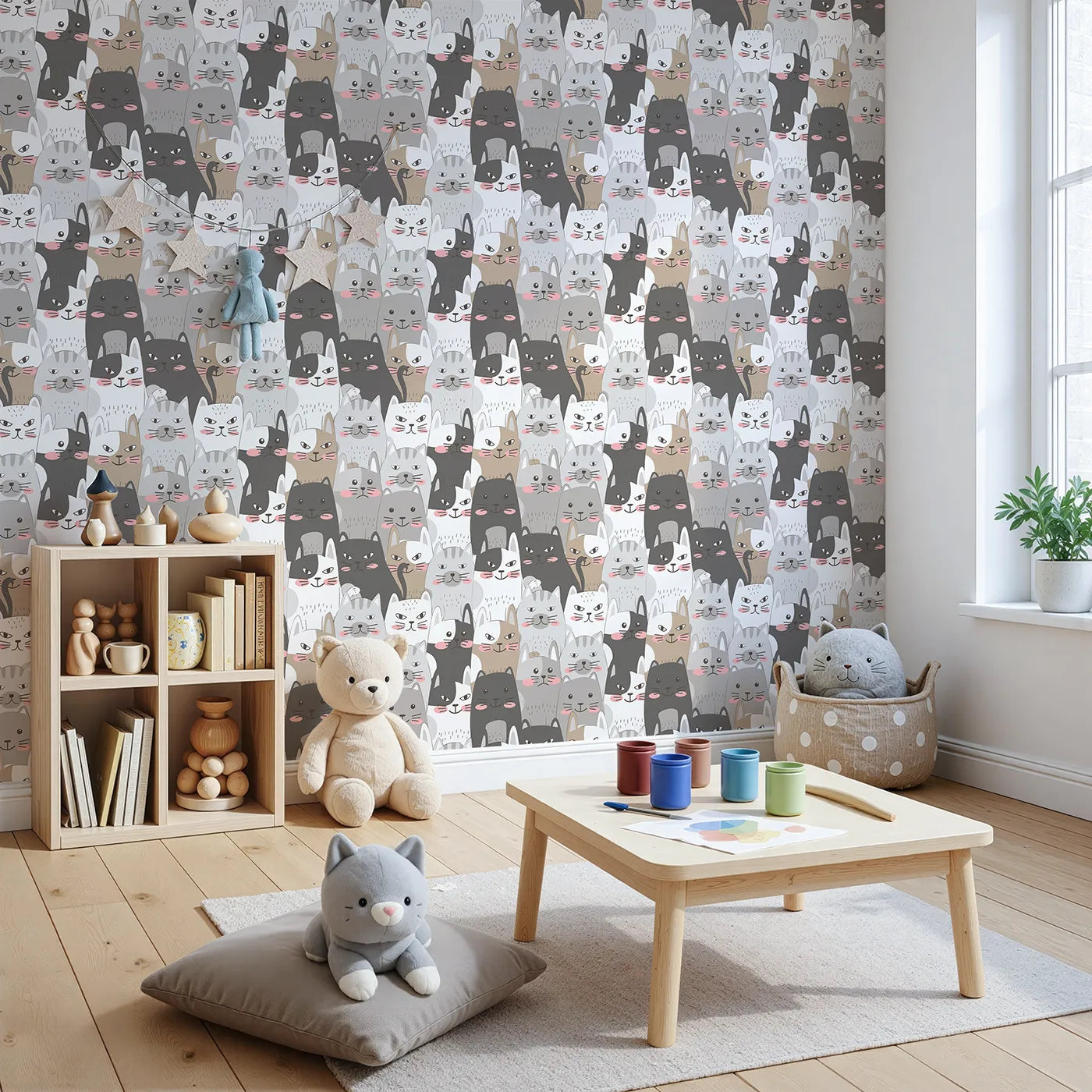 Angled view of Whimsy Tots' Grumpy Cat Crowd Wallpaper in Monochrome Neutrals (W3102).A sea of expressive cats fills the walls with charm, sass, and whiskers galore.