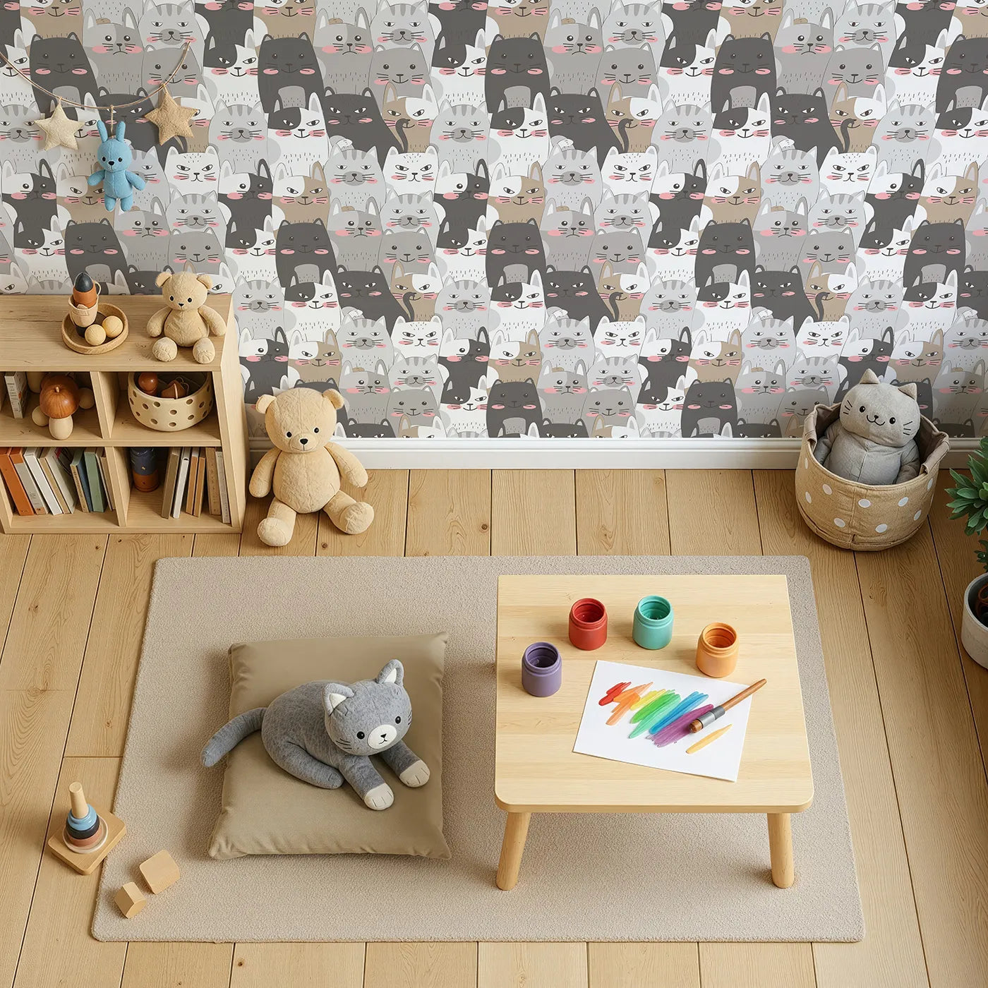 Top-Down view of Whimsy Tots' Grumpy Cat Crowd Wallpaper in Monochrome Neutrals (W3102).A sea of expressive cats fills the walls with charm, sass, and whiskers galore.