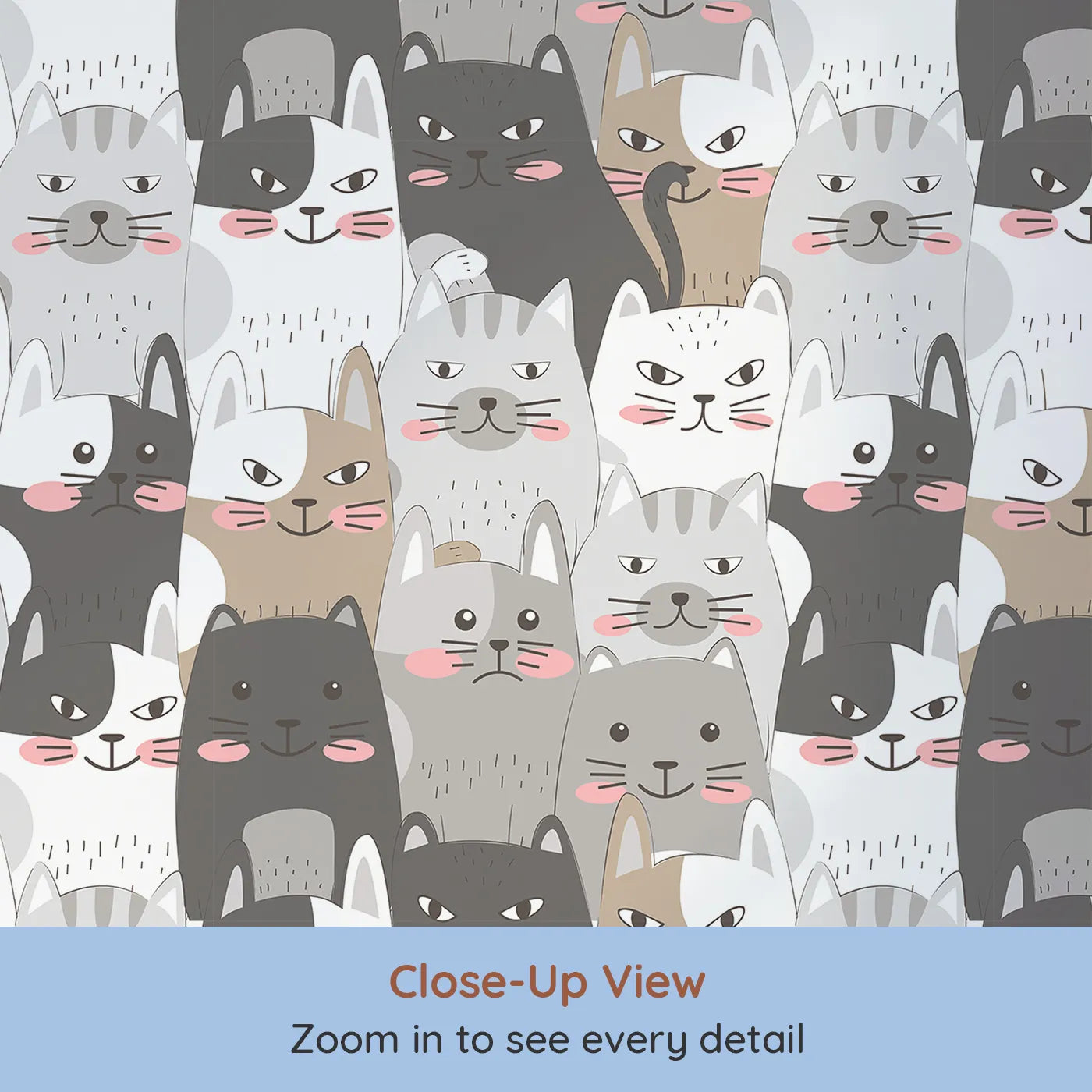 Close-up view of Whimsy Tots' Grumpy Cat Crowd Wallpaper in Monochrome Neutrals (W3102).A sea of expressive cats fills the walls with charm, sass, and whiskers galore.