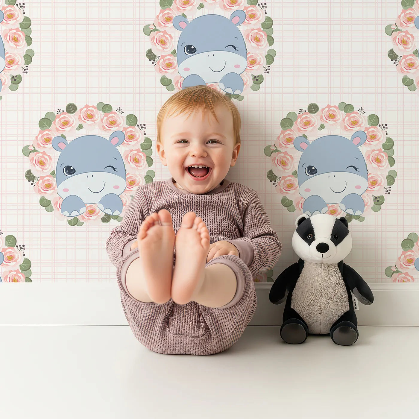 Lovely child standing in front of Whimsy Tots Blossom Hippo Winks Wallpaper in Pink Garden with hippo, flower, wreath, rose in design.