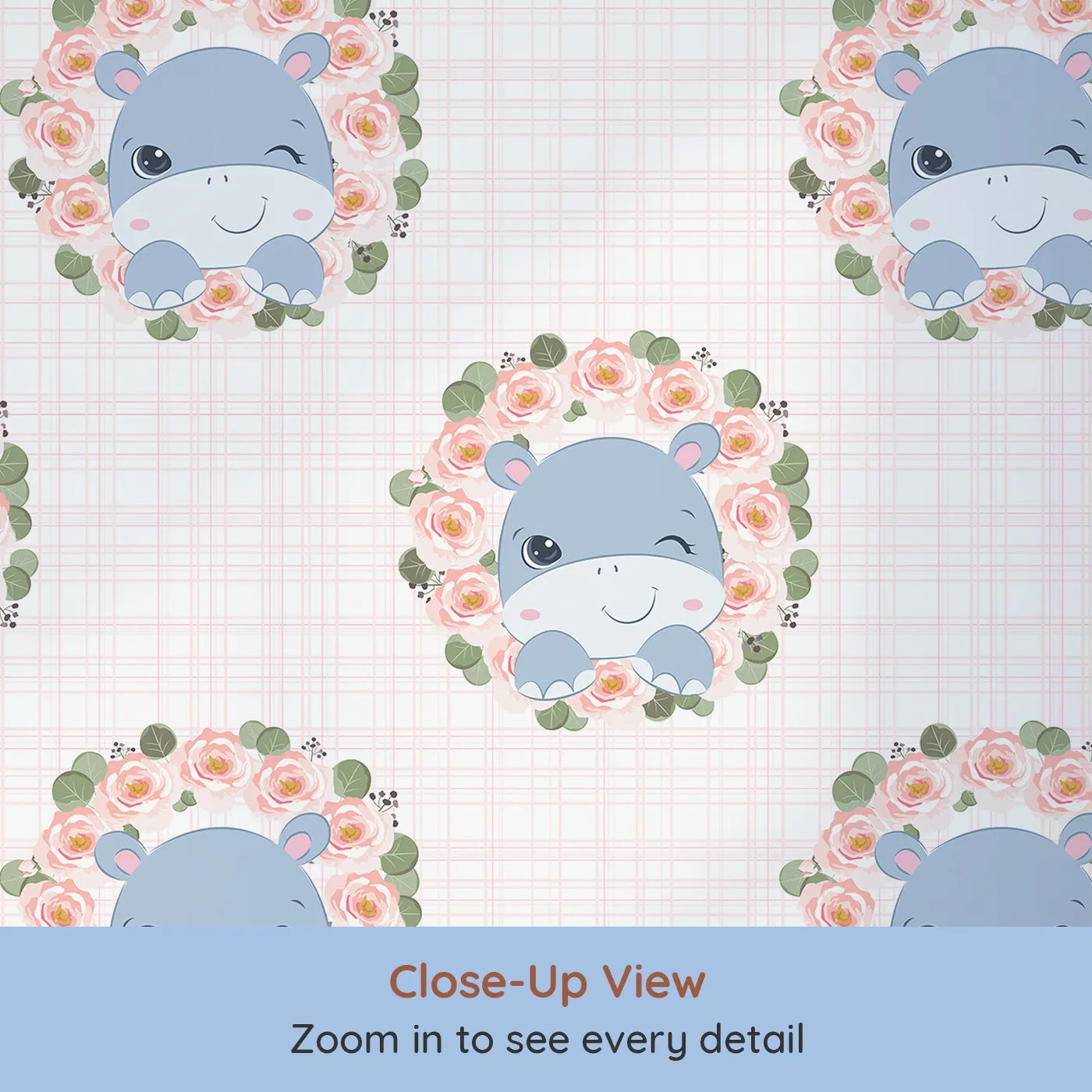 Close-up view of Whimsy Tots' Blossom Hippo Winks Wallpaper in Pink Garden (W3103A).A sweet blue hippo peeks through rose wreaths with a wink and a giggle.
