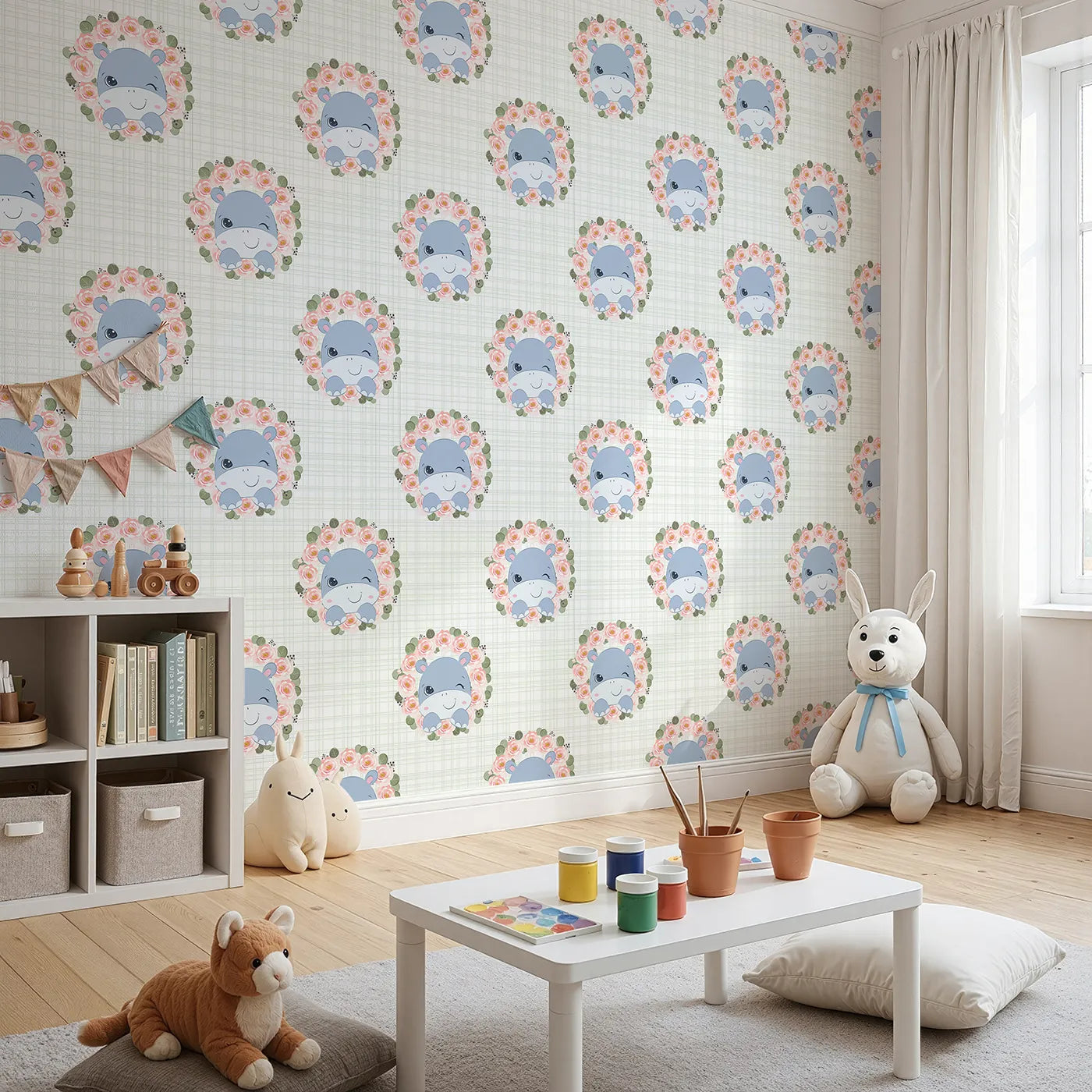 Angled view of Whimsy Tots' Blossom Hippo Winks Wallpaper in Mint Plaid Green (W3103C).Blue hippos and rosy florals bloom over soft green plaid.