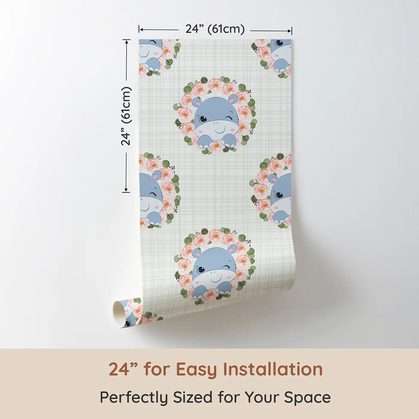 Dimension view of Whimsy Tots Blossom Hippo Winks Wallpaper in Mint Plaid Green (W3103C). Printed in 24-inch-wide panel for easy installation. Blue hippos and rosy florals bloom over soft green plaid.