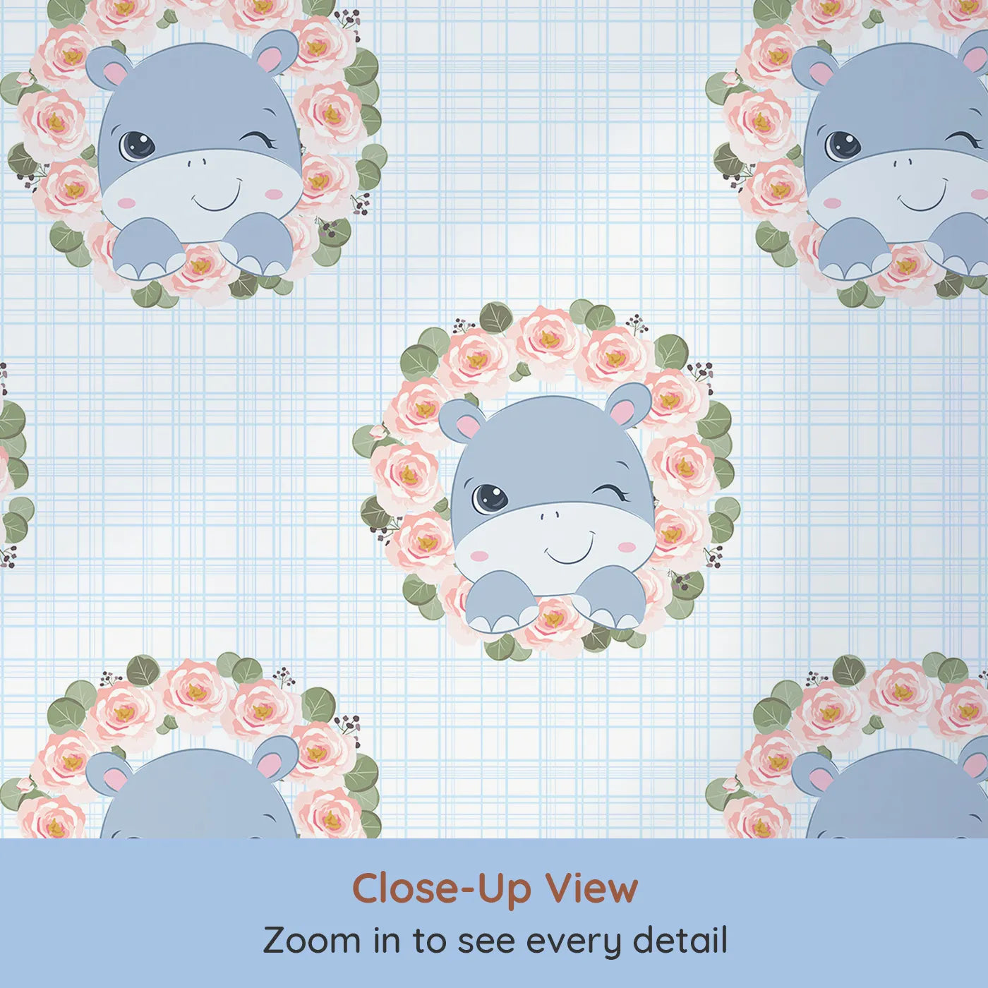 Close-up view of Whimsy Tots' Blossom Hippo Winks Wallpaper in Sky Plaid (W3103D).A cheerful hippo peeks through rosey blooms on a sky-blue plaid.