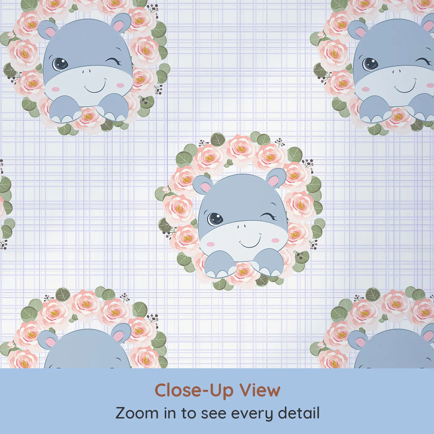 Close-up view of Whimsy Tots' Blossom Hippo Winks Wallpaper in Lavender Plaid (W3103E).A rosy-cheeked hippo winks among flowers on a lilac grid.