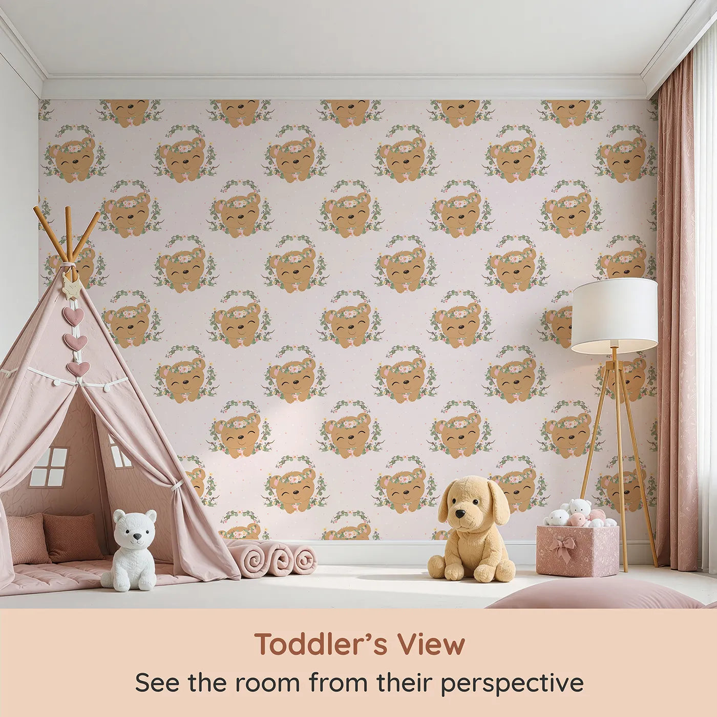 Whimsy Tots Floral Bear Hugs Wallpaper in Blush Pink (W3104A) from your child's view.Sweet bears and pastel blooms fill their space with softness and smiles.