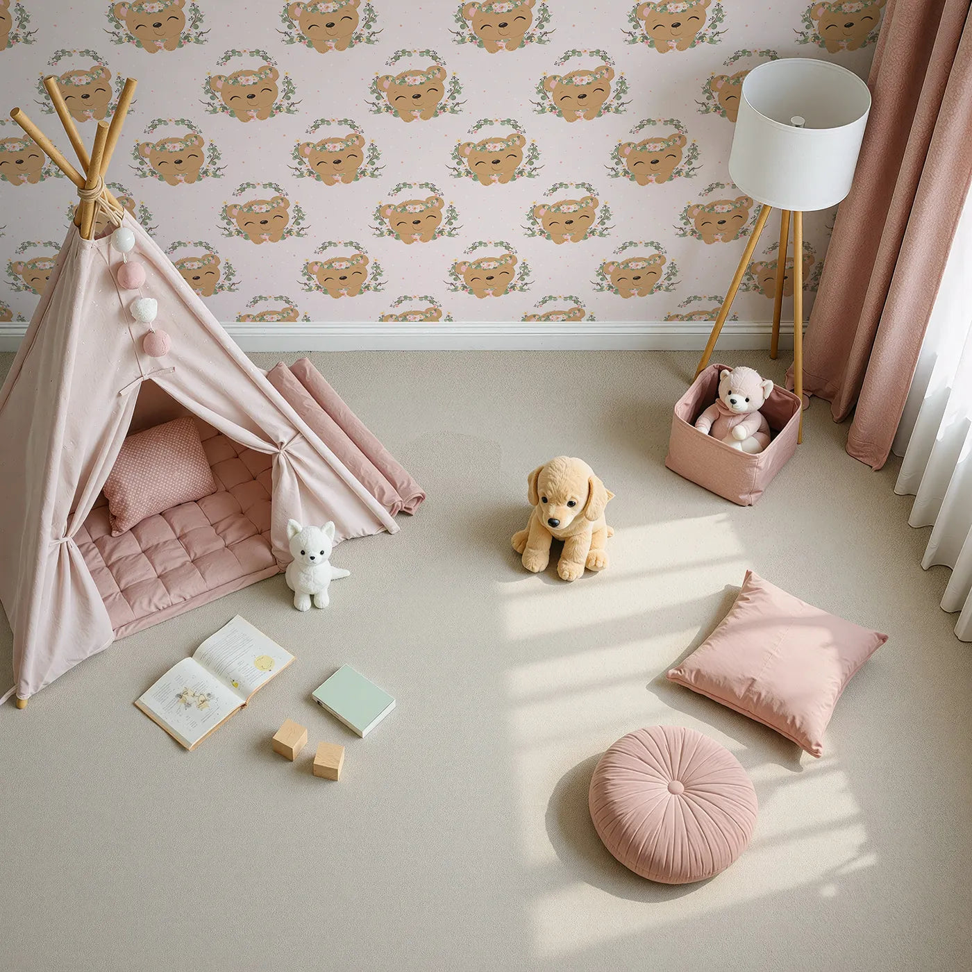 Top-Down view of Whimsy Tots' Floral Bear Hugs Wallpaper in Blush Pink (W3104A).Sweet bears and pastel blooms fill their space with softness and smiles.