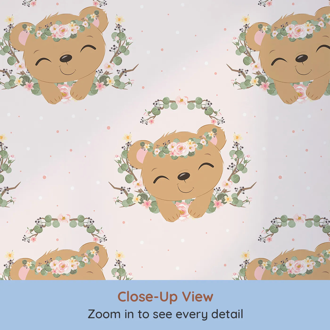 Close-up view of Whimsy Tots' Floral Bear Hugs Wallpaper in Blush Pink (W3104A).Sweet bears and pastel blooms fill their space with softness and smiles.