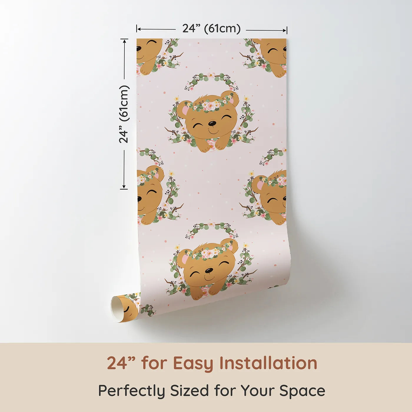 Dimension view of Whimsy Tots Floral Bear Hugs Wallpaper in Blush Pink (W3104A). Printed in 24-inch-wide panel for easy installation. Sweet bears and pastel blooms fill their space with softness and smiles.