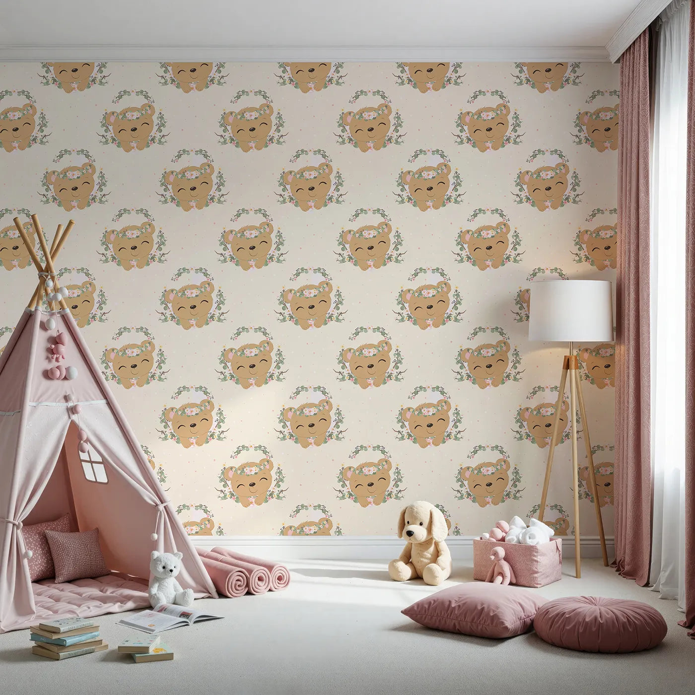 Front view of Whimsy Tots' Floral Bear Hugs Wallpaper in Soft Cream