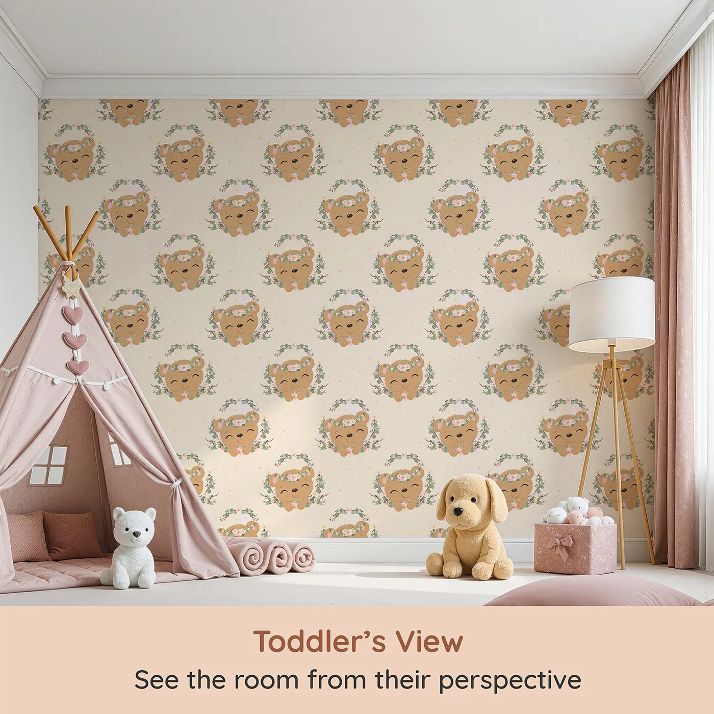 Whimsy Tots Floral Bear Hugs Wallpaper in Soft Cream (W3104B) from your child's view.Floral-crowned cubs and leafy sprigs bring nature’s charm inside.
