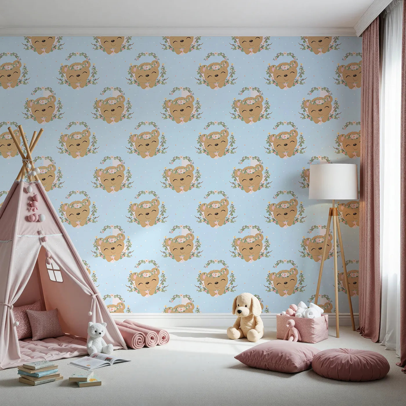 Front view of Whimsy Tots' Floral Bear Hugs Wallpaper in Sky Blue