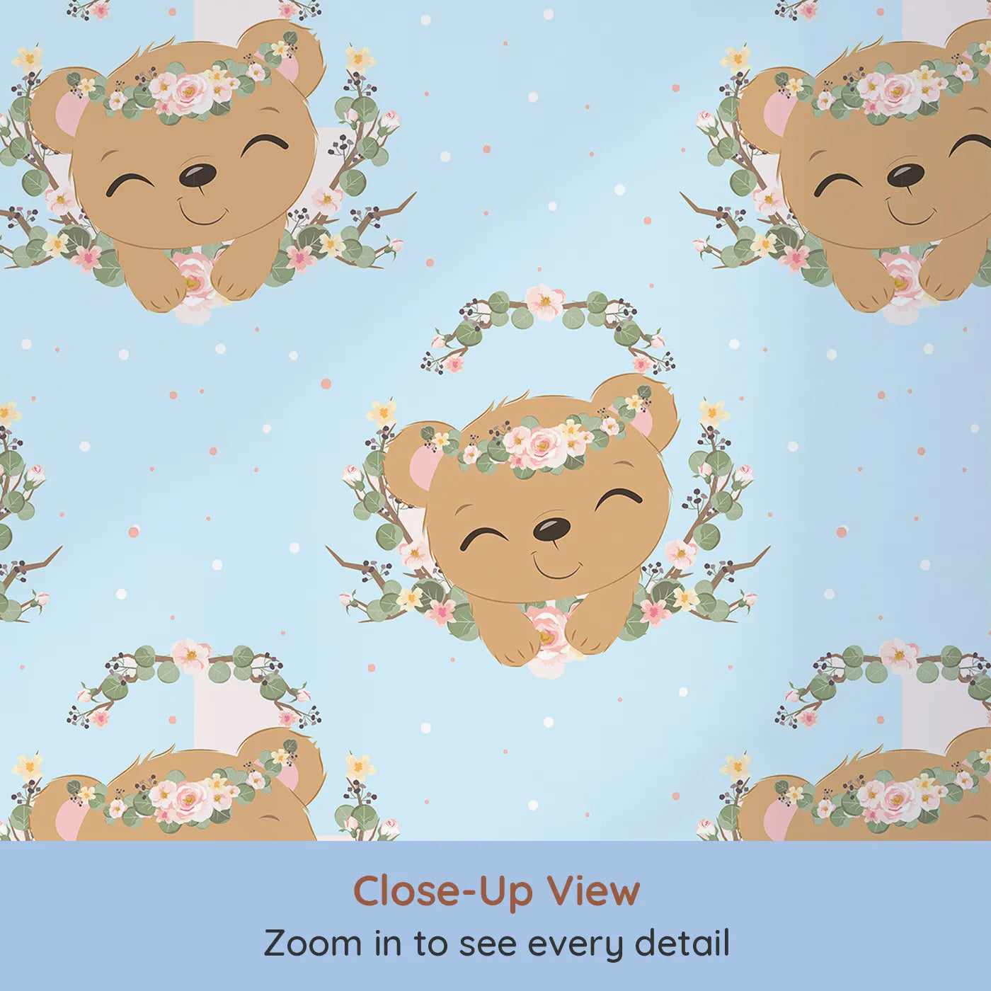 Close-up view of Whimsy Tots' Floral Bear Hugs Wallpaper in Sky Blue (W3104D).Smiling bears and dainty blossoms float across a soft sky.