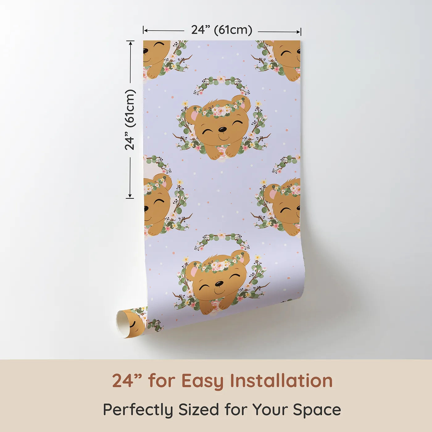 Dimension view of Whimsy Tots Floral Bear Hugs Wallpaper in Lavender Mist (W3104E). Printed in 24-inch-wide panel for easy installation. Lavender skies and smiling cubs bring softness and light to their world.