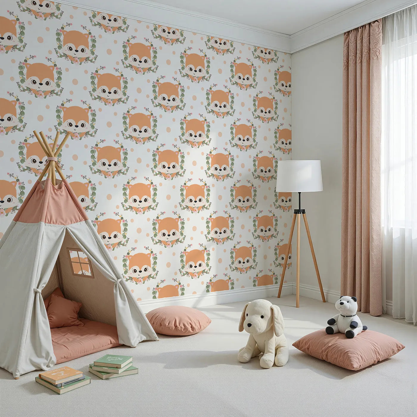 Angled view of Whimsy Tots' Floral Fox Peek Wallpaper in Soft Peach (W3105A).Playful foxes and floating petals create a space full of gentle charm.