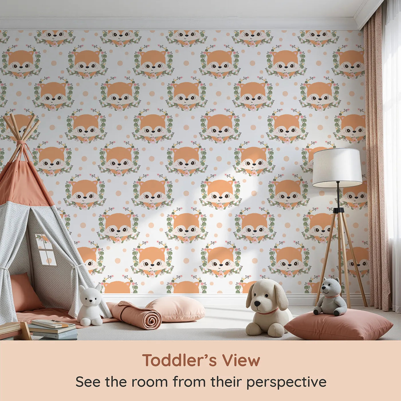 Whimsy Tots Floral Fox Peek Wallpaper in Soft Peach (W3105A) from your child's view.Playful foxes and floating petals create a space full of gentle charm.