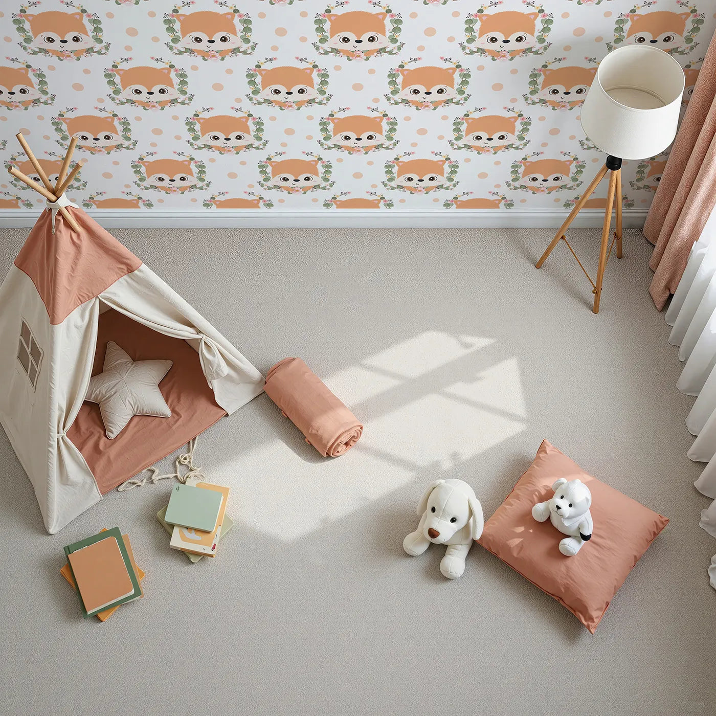 Top-Down view of Whimsy Tots' Floral Fox Peek Wallpaper in Soft Peach (W3105A).Playful foxes and floating petals create a space full of gentle charm.