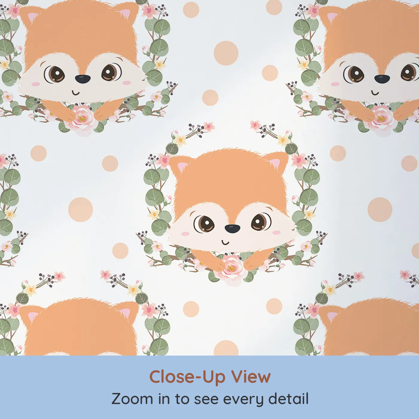 Close-up view of Whimsy Tots' Floral Fox Peek Wallpaper in Soft Peach (W3105A).Playful foxes and floating petals create a space full of gentle charm.