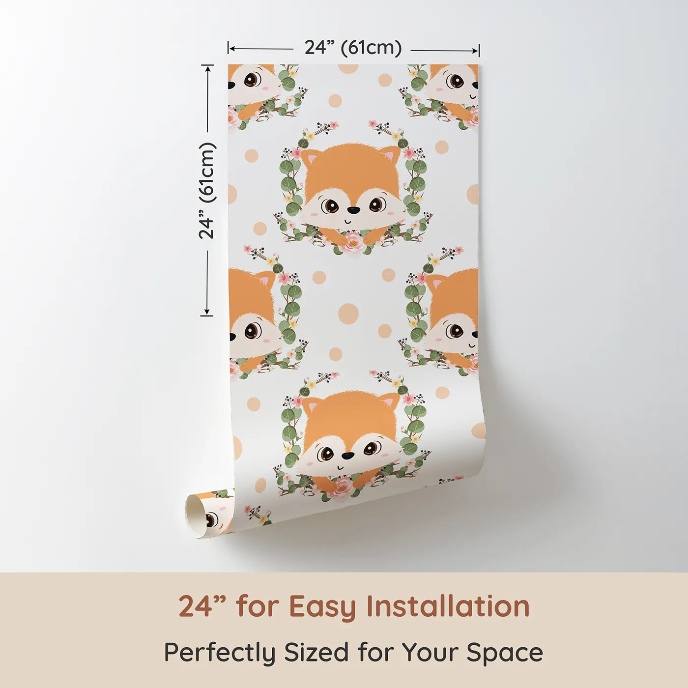 Dimension view of Whimsy Tots Floral Fox Peek Wallpaper in Soft Peach (W3105A). Printed in 24-inch-wide panel for easy installation. Playful foxes and floating petals create a space full of gentle charm.