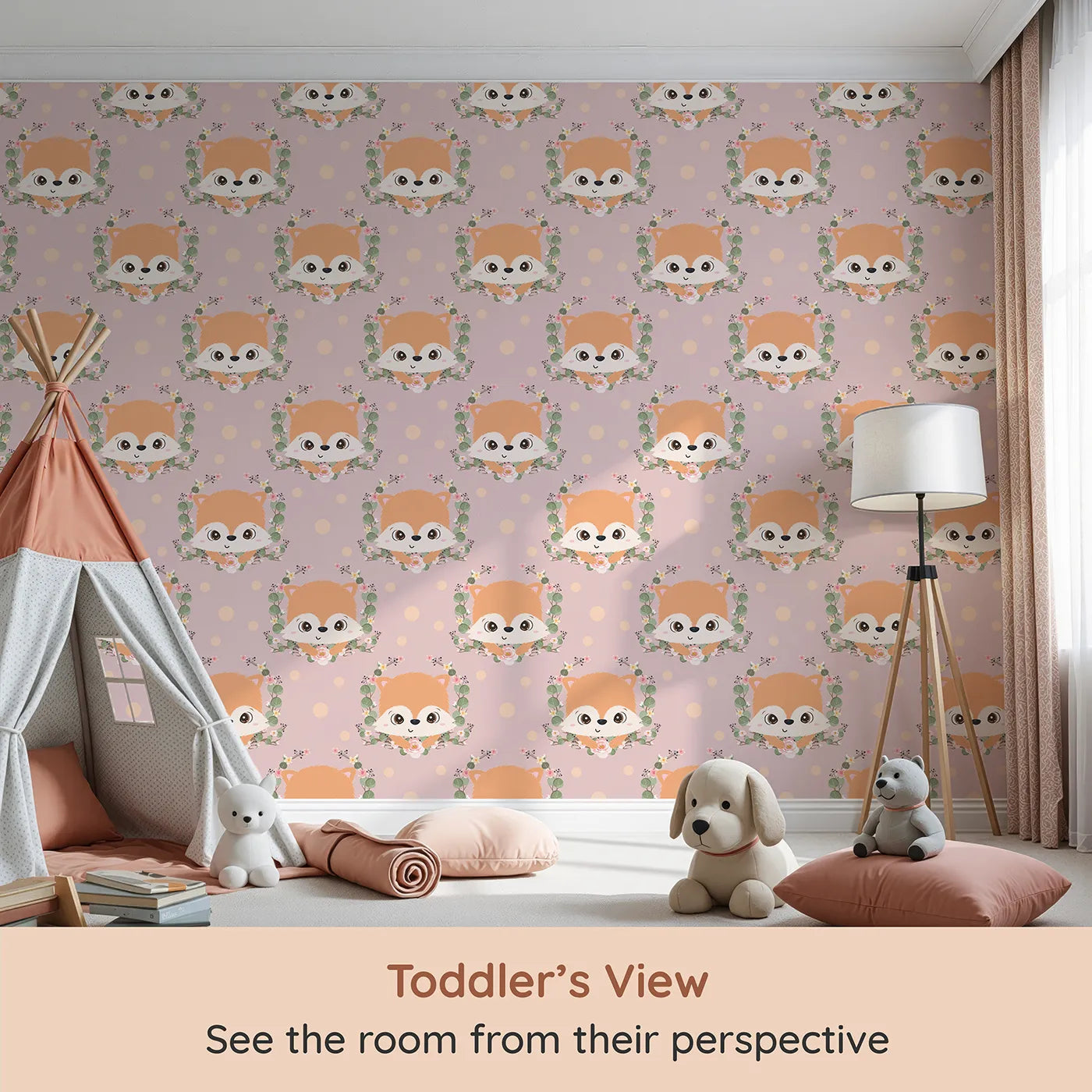 Whimsy Tots Floral Fox Peek Wallpaper in Rosewood Blush Pink (W3105B) from your child's view.Gentle florals and bright eyes create a cozy world of pinky charm.