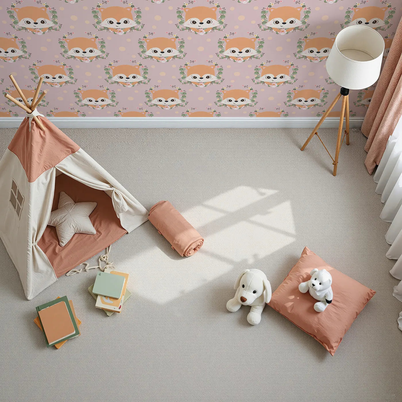 Top-Down view of Whimsy Tots' Floral Fox Peek Wallpaper in Rosewood Blush Pink (W3105B).Gentle florals and bright eyes create a cozy world of pinky charm.