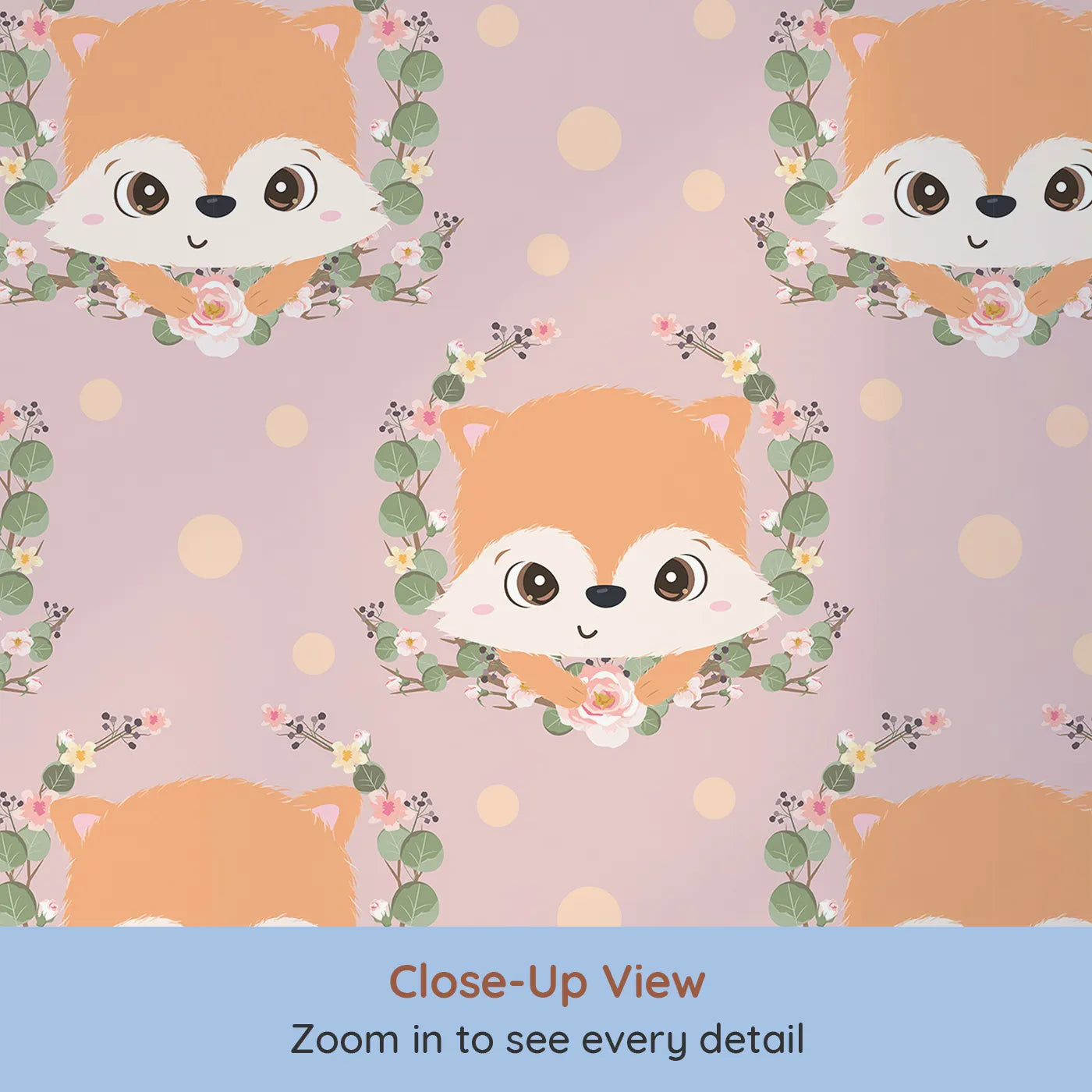 Close-up view of Whimsy Tots' Floral Fox Peek Wallpaper in Rosewood Blush Pink (W3105B).Gentle florals and bright eyes create a cozy world of pinky charm.