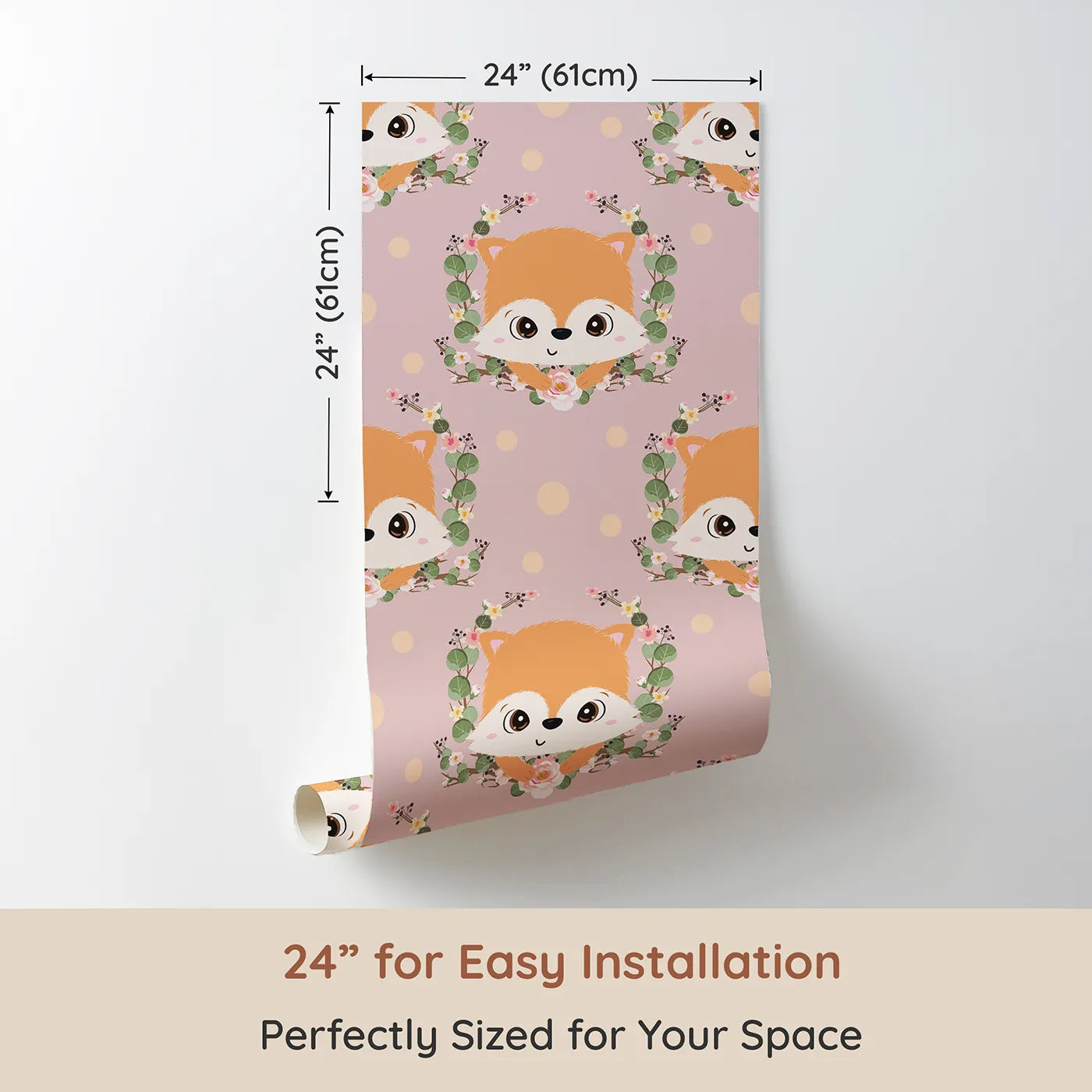 Dimension view of Whimsy Tots Floral Fox Peek Wallpaper in Rosewood Blush Pink (W3105B). Printed in 24-inch-wide panel for easy installation. Gentle florals and bright eyes create a cozy world of pinky charm.