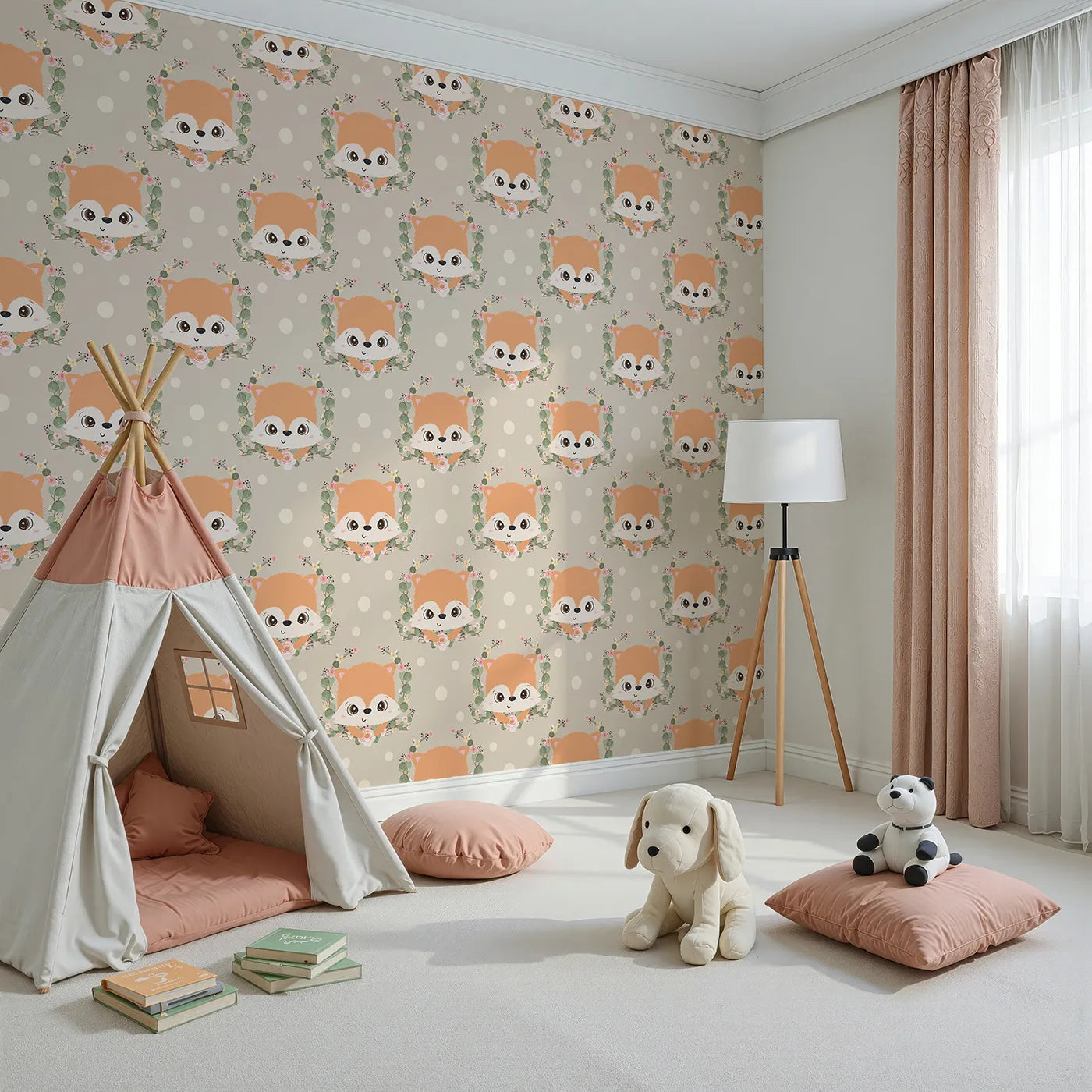 Angled view of Whimsy Tots' Floral Fox Peek Wallpaper in Mushroom Taupe Beige (W3105C).Warm neutrals and wide-eyed foxes create a gentle, grounded look.