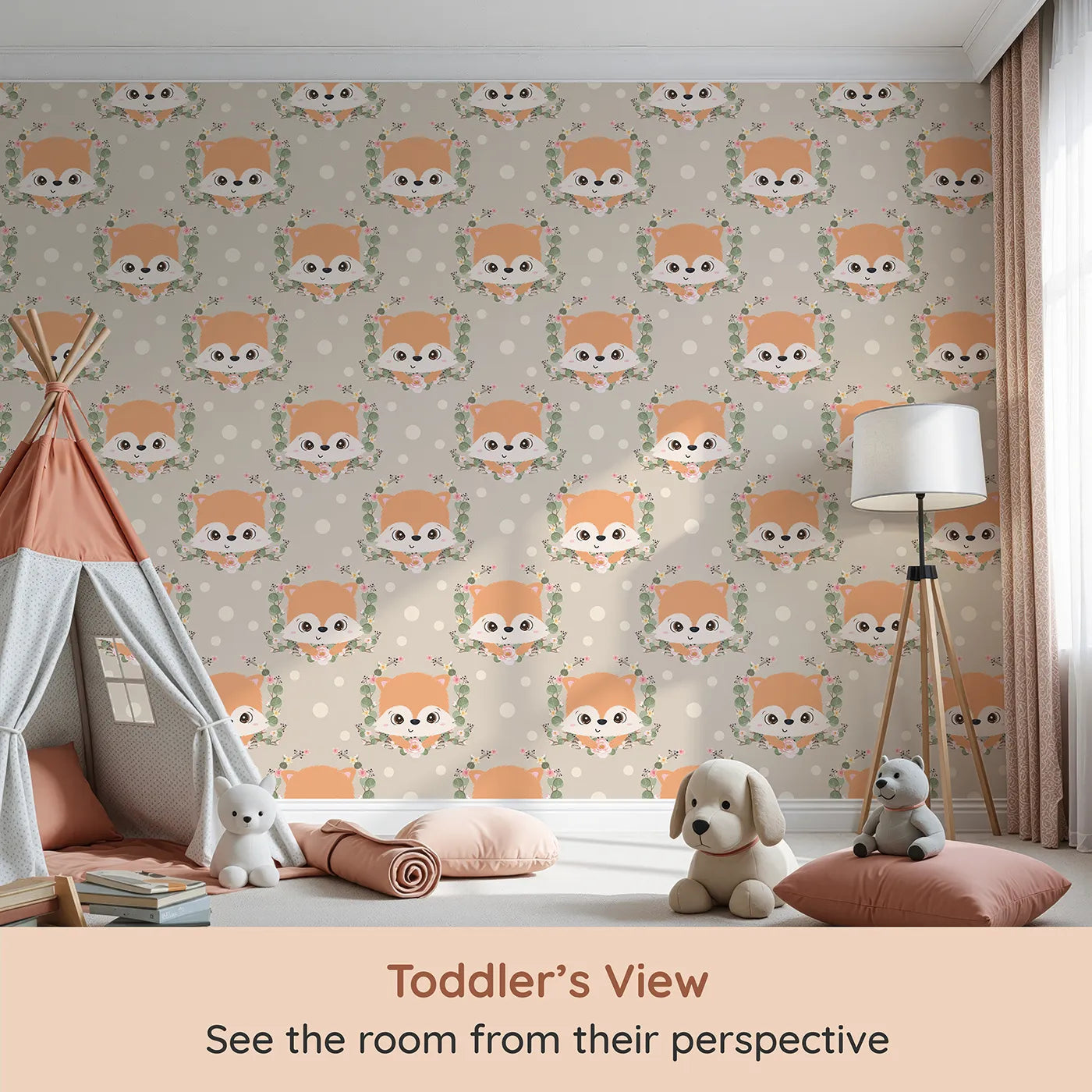 Whimsy Tots Floral Fox Peek Wallpaper in Mushroom Taupe Beige (W3105C) from your child's view.Warm neutrals and wide-eyed foxes create a gentle, grounded look.