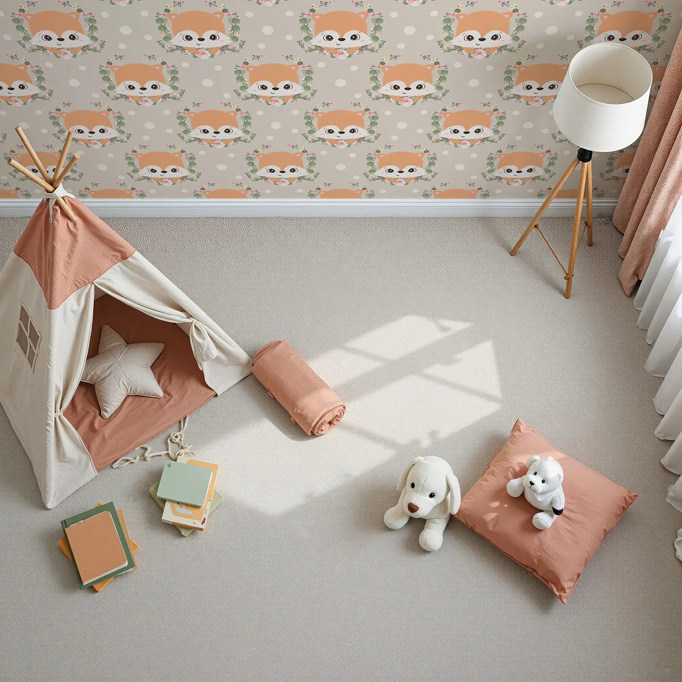 Top-Down view of Whimsy Tots' Floral Fox Peek Wallpaper in Mushroom Taupe Beige (W3105C).Warm neutrals and wide-eyed foxes create a gentle, grounded look.