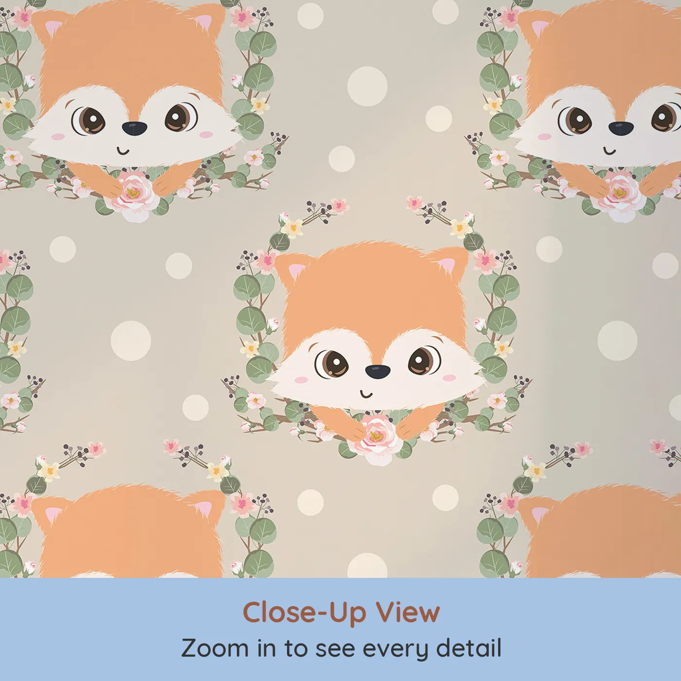 Close-up view of Whimsy Tots' Floral Fox Peek Wallpaper in Mushroom Taupe Beige (W3105C).Warm neutrals and wide-eyed foxes create a gentle, grounded look.